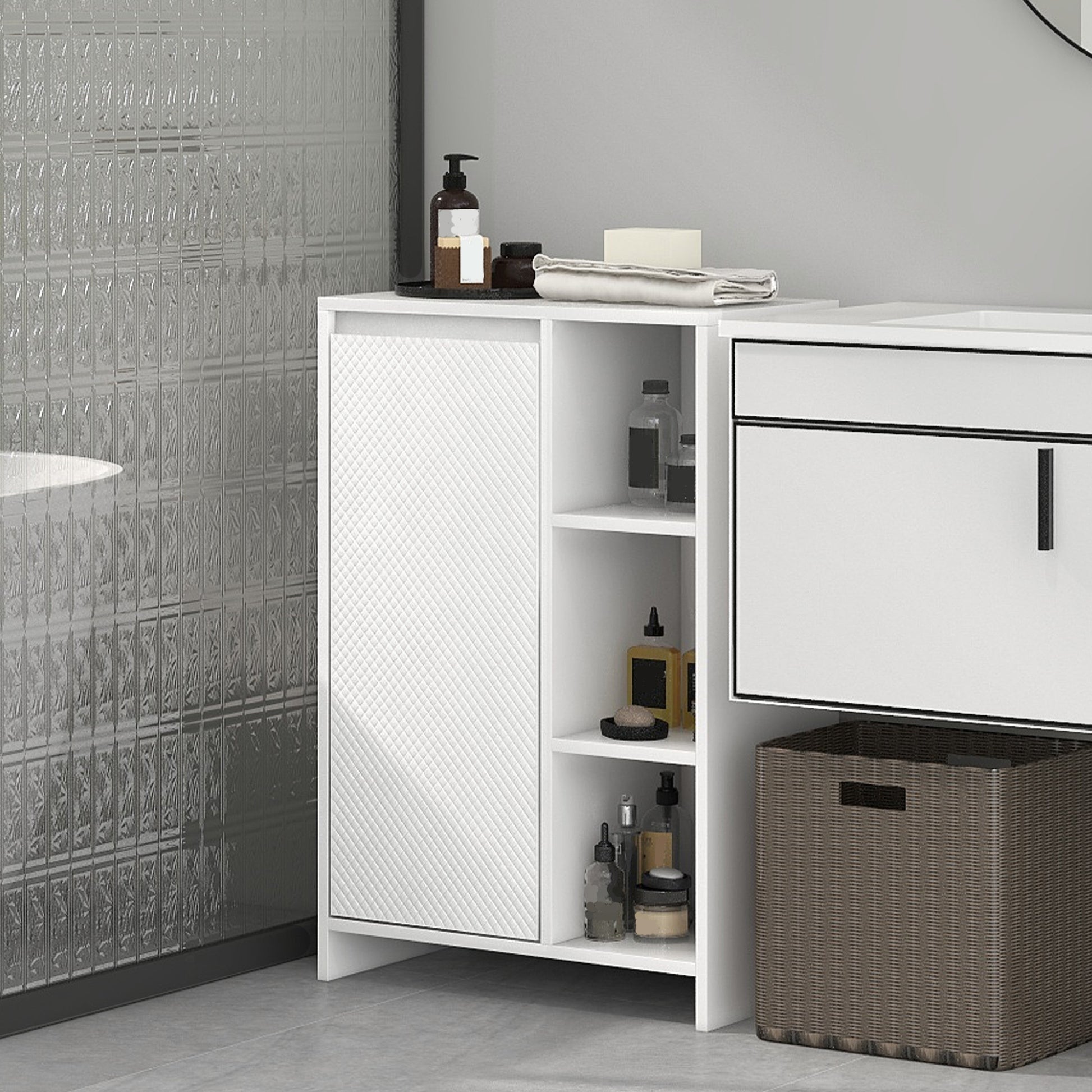 Bathroom Cabinet, Storage Furniture with 3 Open Compartments, 1 Cabinet with Adjustable Shelf, 53 x 30 x 80 cm, White