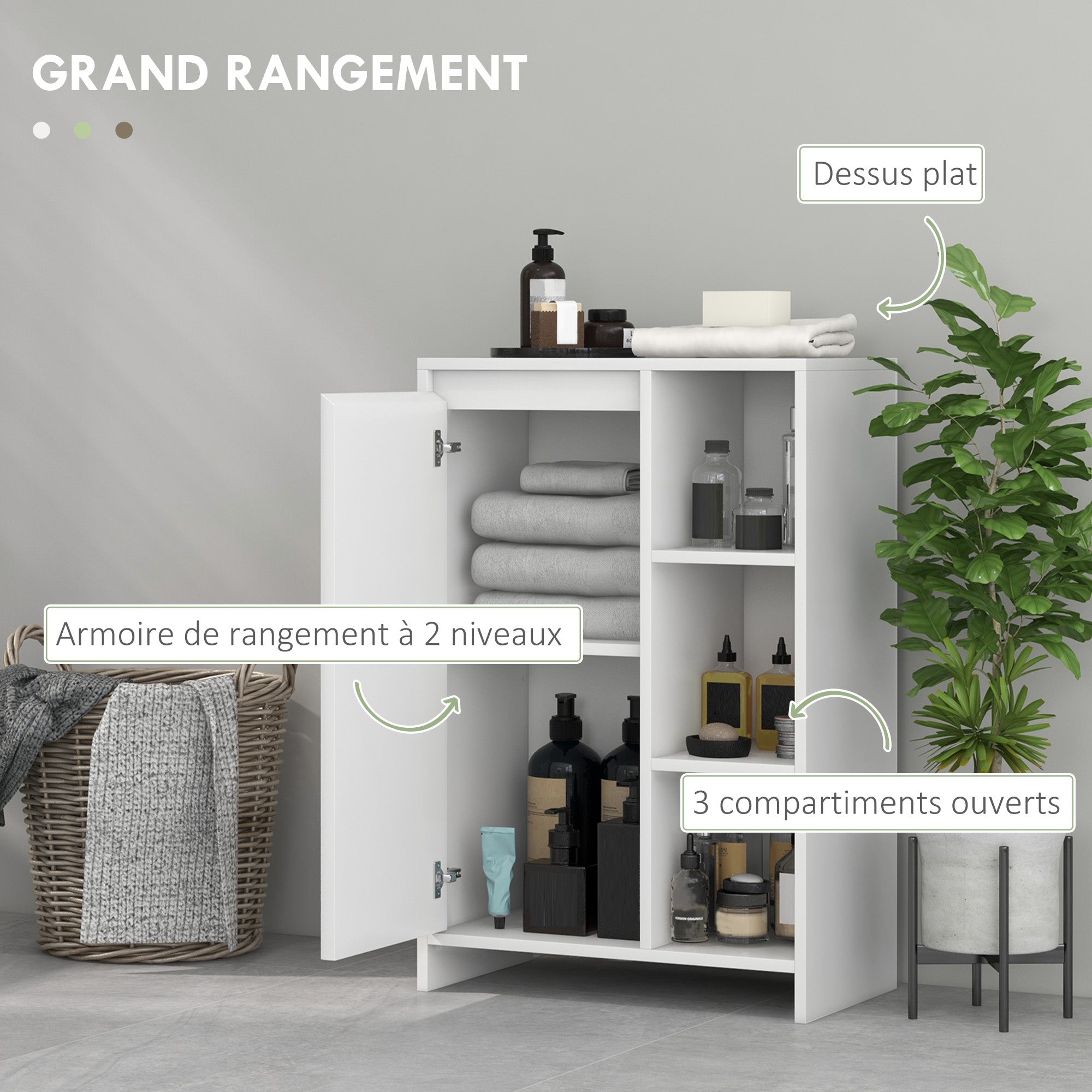 Bathroom Cabinet, Storage Furniture with 3 Open Compartments, 1 Cabinet with Adjustable Shelf, 53 x 30 x 80 cm, White