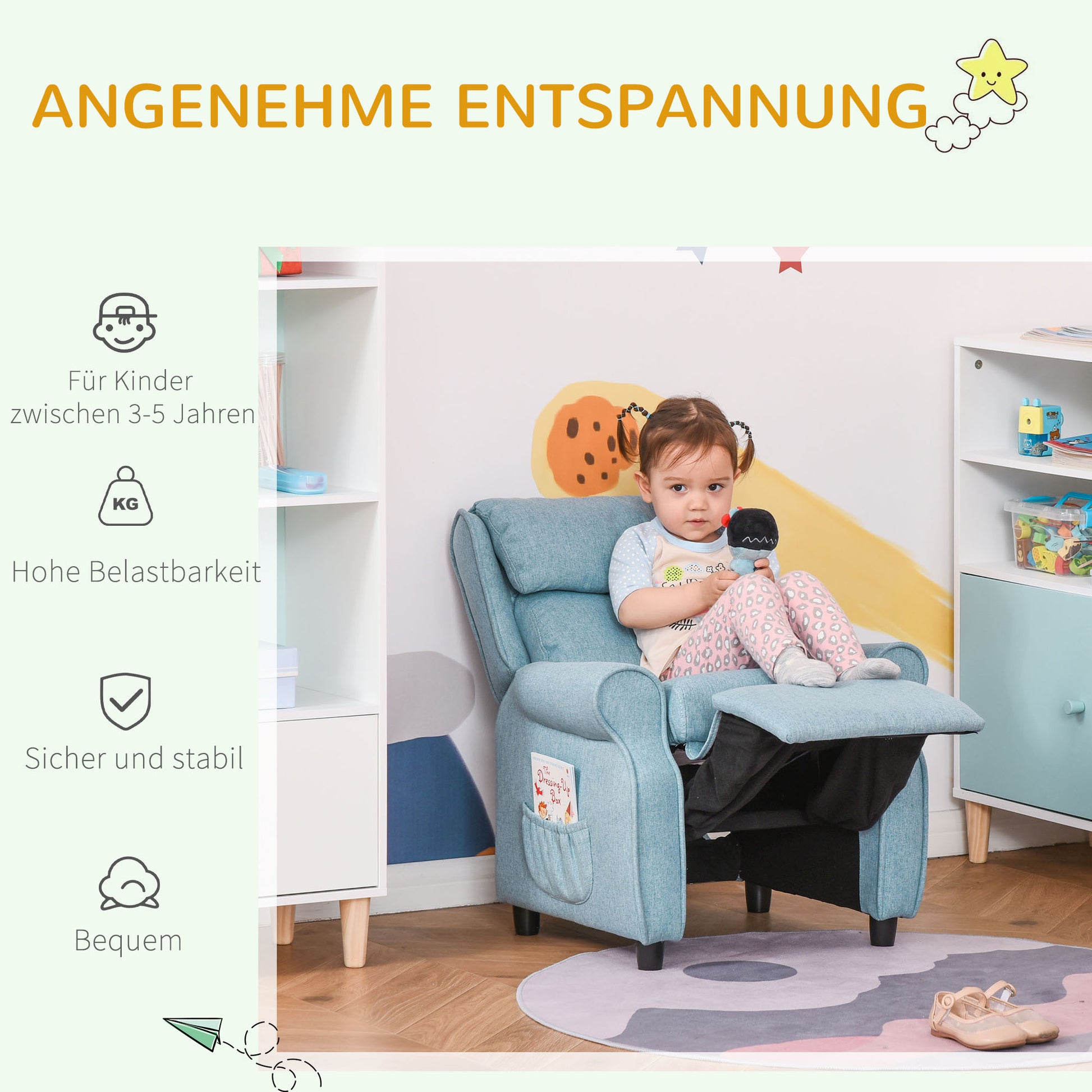 Children's Sofa Kids Couch Children's Armchair Chair Lounger adjustable with footrest for 3-5 years boys and girls Blue 58 x 53 x 70 cm