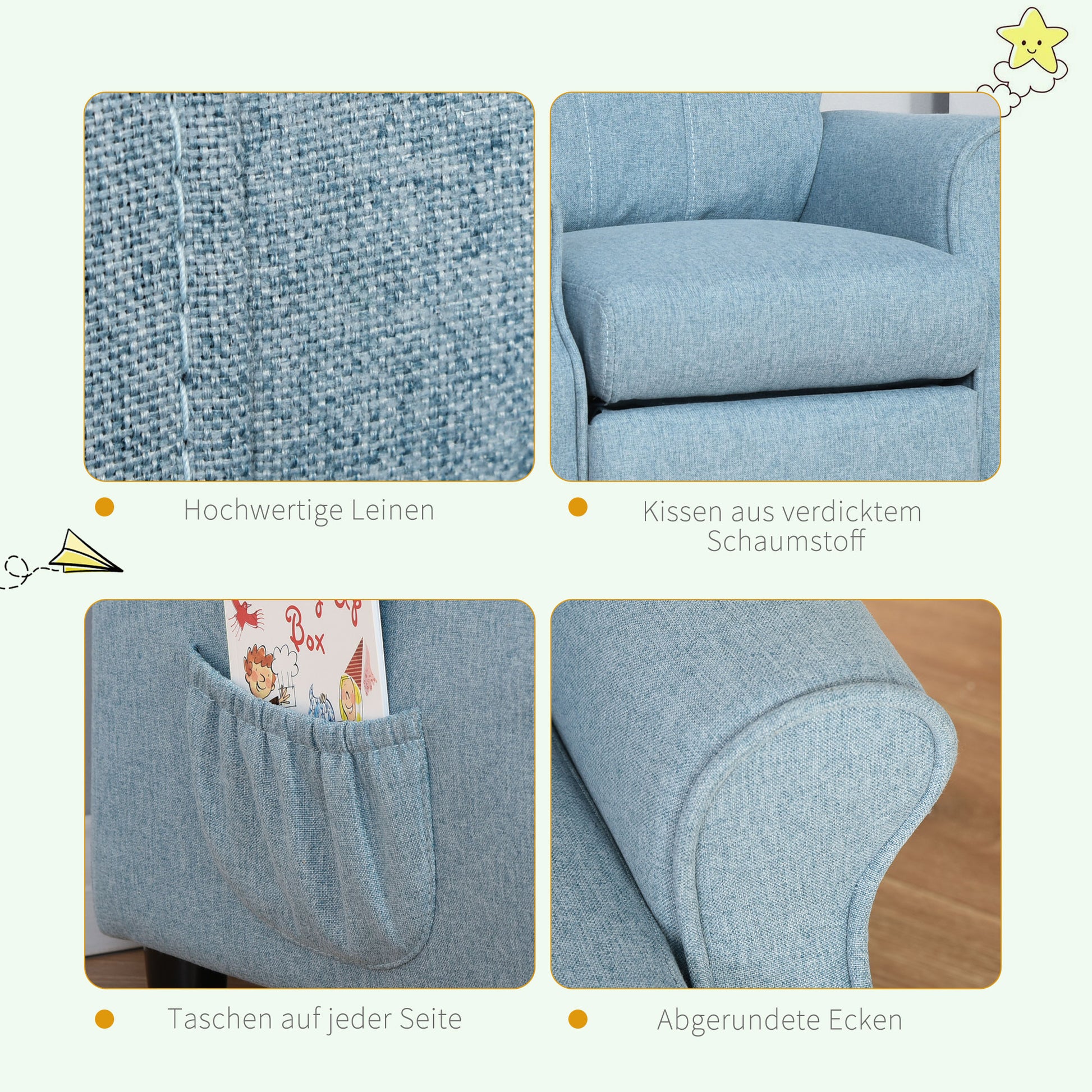 Children's Sofa Kids Couch Children's Armchair Chair Lounger adjustable with footrest for 3-5 years boys and girls Blue 58 x 53 x 70 cm