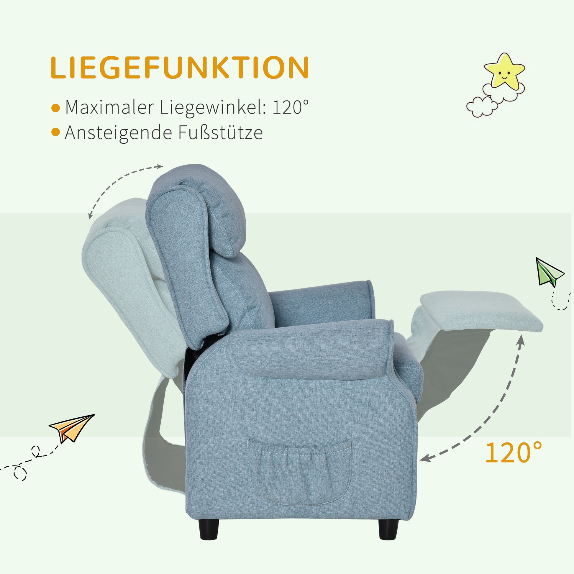 Children's Sofa Kids Couch Children's Armchair Chair Lounger adjustable with footrest for 3-5 years boys and girls Blue 58 x 53 x 70 cm