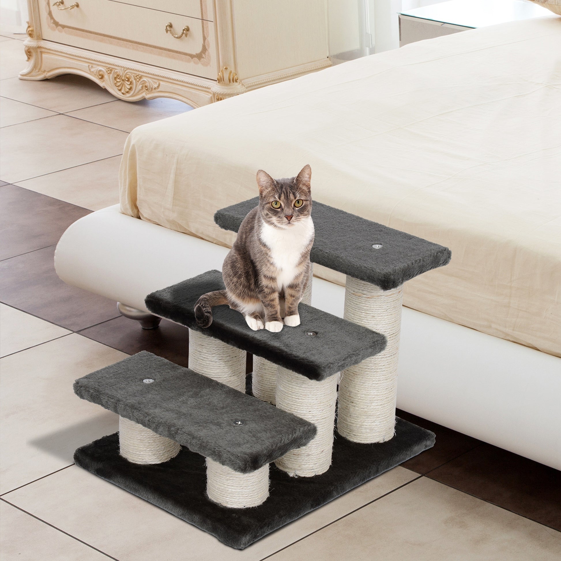 Pet Stairs 3 Steps 34 cm High Pet Stairs for Dogs Cats Cat Stairs Dog Ramp Entry Aid for Bed, Sofa, Couch Dark Gray