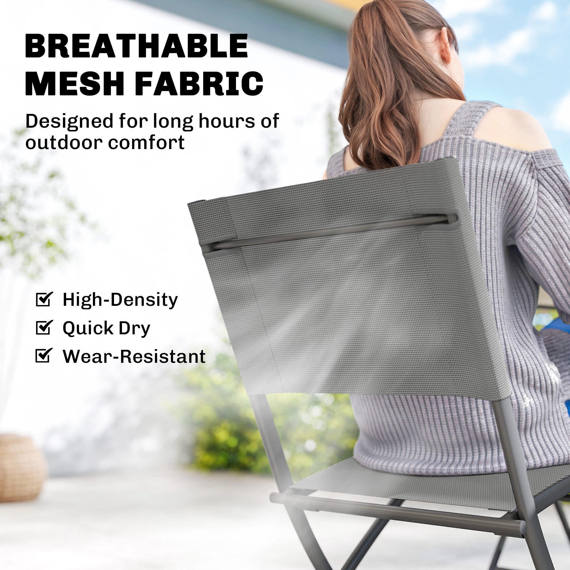 5-Piece Folding Garden Dining Set – Gray Wood-Look Table with 4 Breathable Mesh Chairs, Space-Saving Weather-Resistant Patio Set