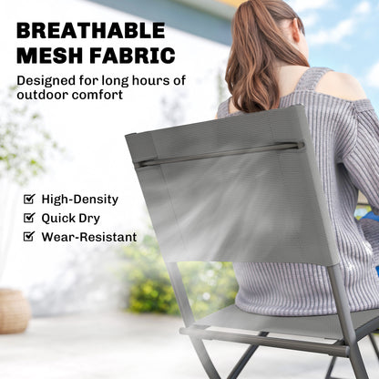 5-Piece Folding Garden Dining Set – Gray Wood-Look Table with 4 Breathable Mesh Chairs, Space-Saving Weather-Resistant Patio Set