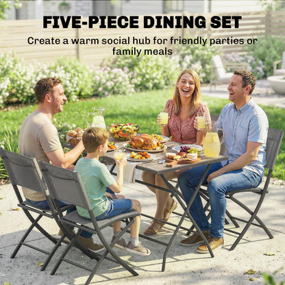 5-Piece Folding Garden Dining Set – Gray Wood-Look Table with 4 Breathable Mesh Chairs, Space-Saving Weather-Resistant Patio Set