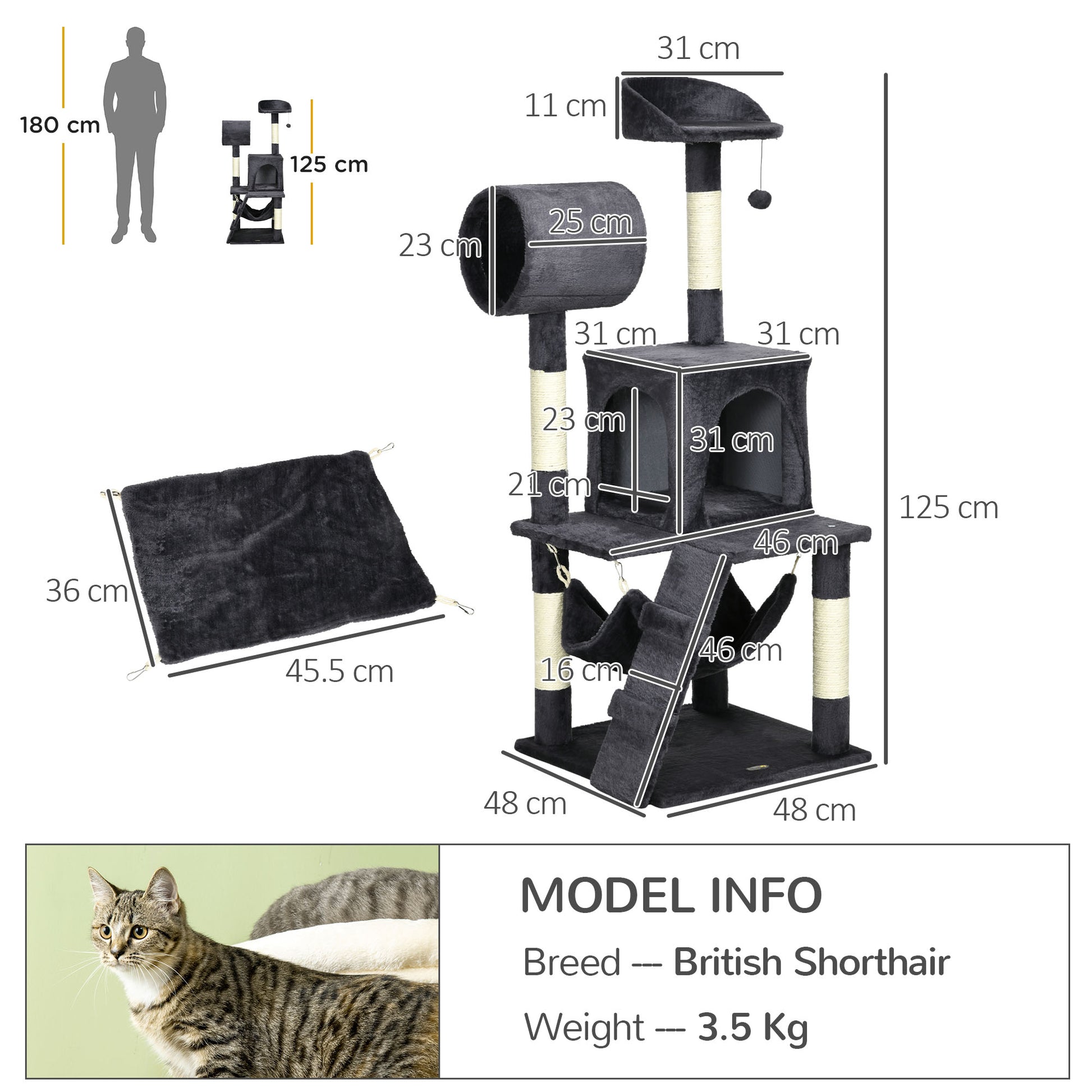 Particle Board, Plush and Sisal Cat Tree with Scratching Post, Cat House, Hammock, Bed, Tunnel, and Toy Ball, 48x48x125cm, Dark Grey