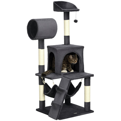 Particle Board, Plush and Sisal Cat Tree with Scratching Post, Cat House, Hammock, Bed, Tunnel, and Toy Ball, 48x48x125cm, Dark Grey