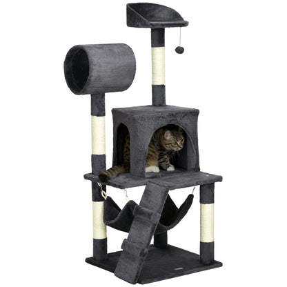 Particle Board, Plush and Sisal Cat Tree with Scratching Post, Cat House, Hammock, Bed, Tunnel, and Toy Ball, 48x48x125cm, Dark Grey