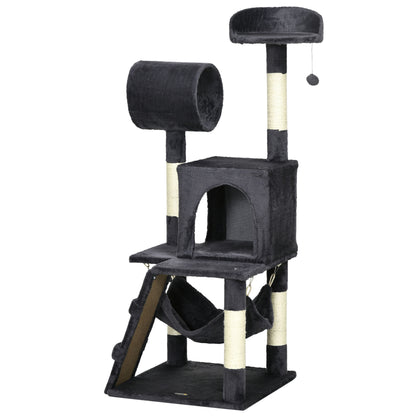 Particle Board, Plush and Sisal Cat Tree with Scratching Post, Cat House, Hammock, Bed, Tunnel, and Toy Ball, 48x48x125cm, Dark Grey