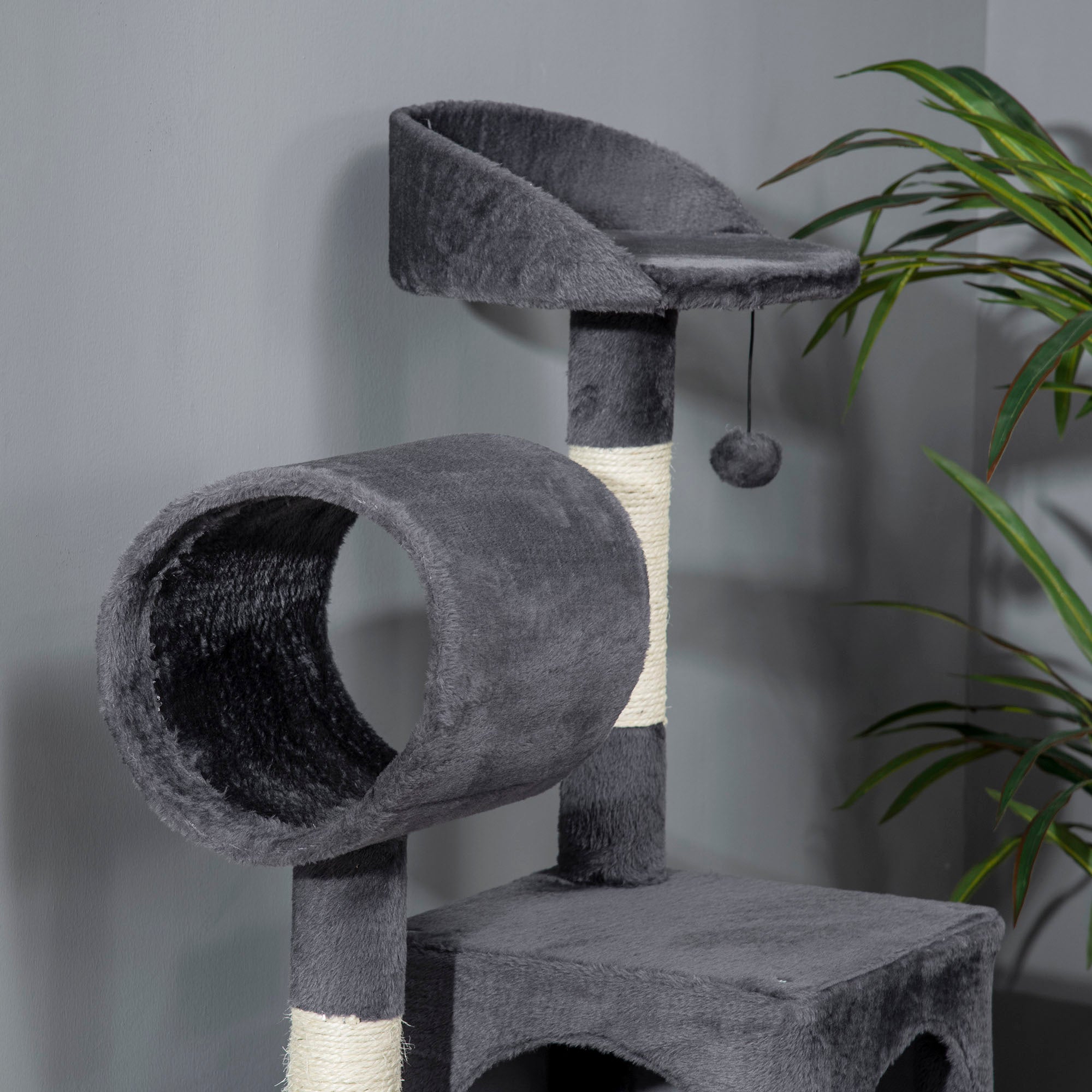 Particle Board, Plush and Sisal Cat Tree with Scratching Post, Cat House, Hammock, Bed, Tunnel, and Toy Ball, 48x48x125cm, Dark Grey