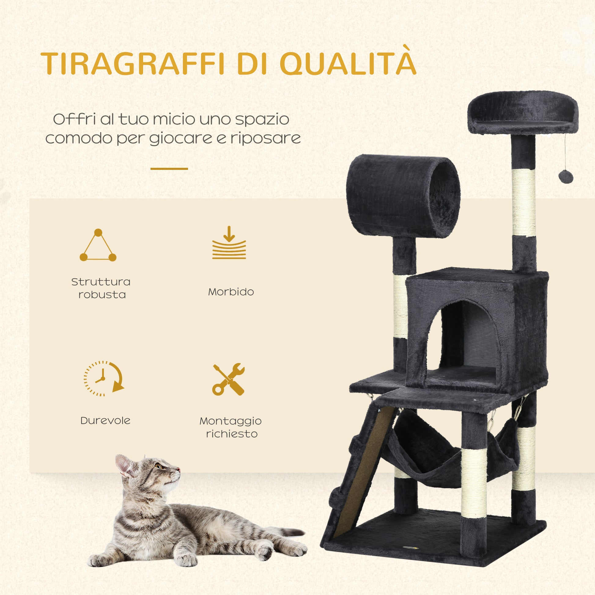 Particle Board, Plush and Sisal Cat Tree with Scratching Post, Cat House, Hammock, Bed, Tunnel, and Toy Ball, 48x48x125cm, Dark Grey
