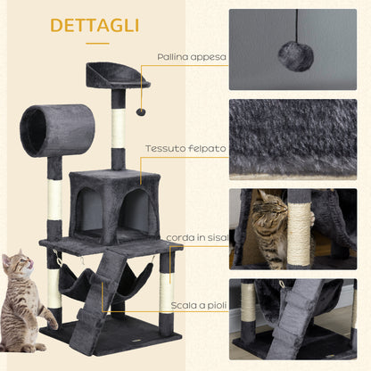 Particle Board, Plush and Sisal Cat Tree with Scratching Post, Cat House, Hammock, Bed, Tunnel, and Toy Ball, 48x48x125cm, Dark Grey