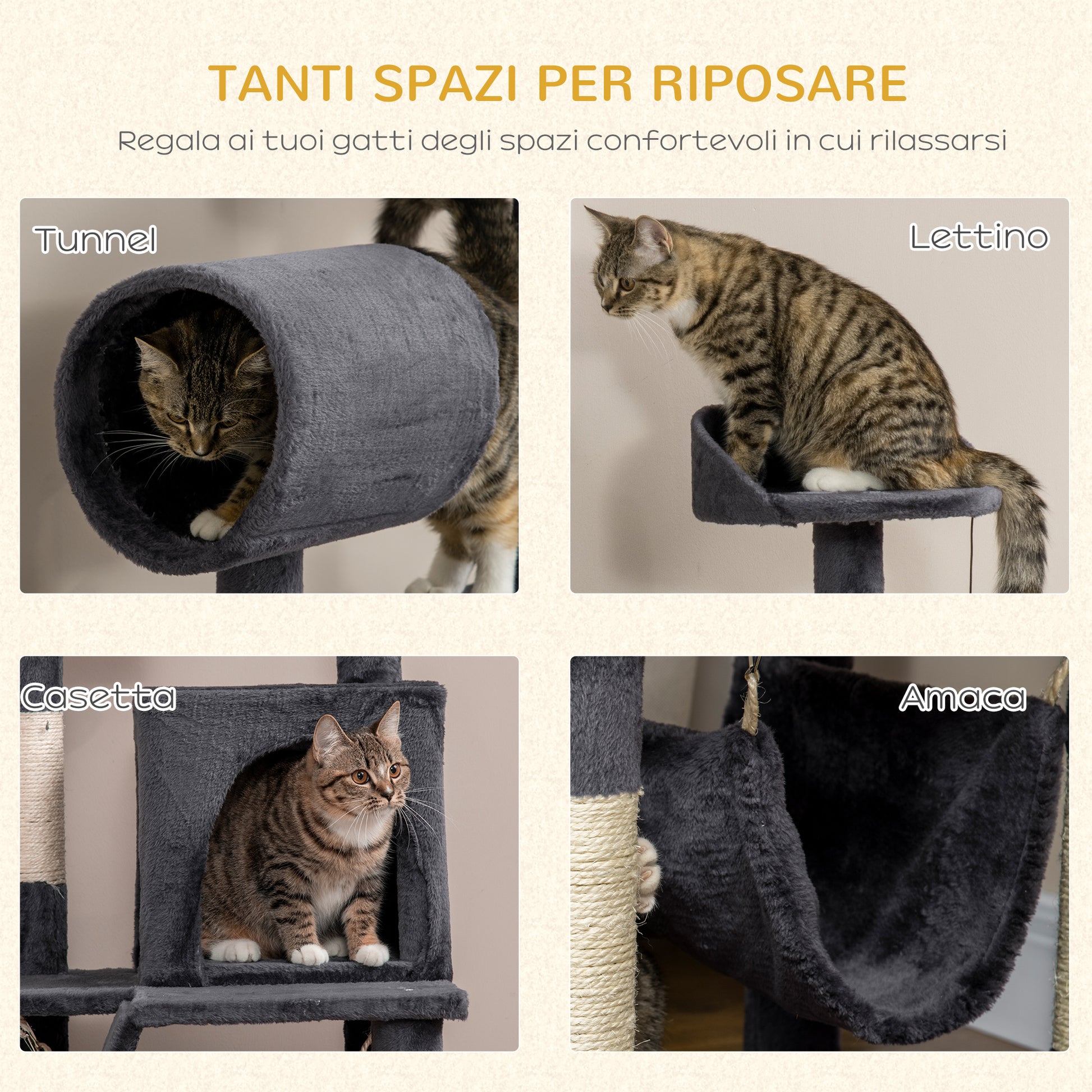 Particle Board, Plush and Sisal Cat Tree with Scratching Post, Cat House, Hammock, Bed, Tunnel, and Toy Ball, 48x48x125cm, Dark Grey