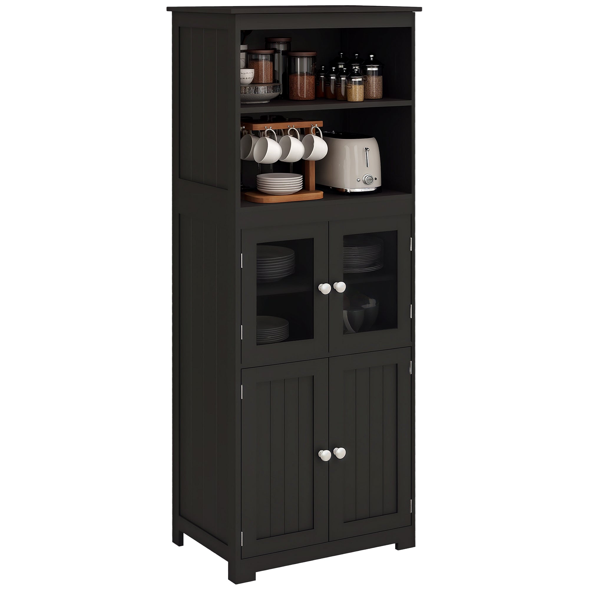 Kitchen Pantry Sideboard Dining Room Cabinet with 4 Doors 2 Open Shelves and Adjustable Shelf for Living Room 60x30x162 cm Black