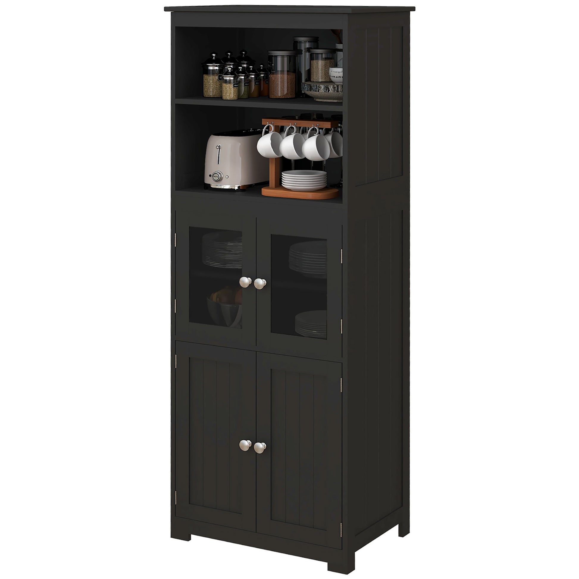 Kitchen Pantry Sideboard Dining Room Cabinet with 4 Doors 2 Open Shelves and Adjustable Shelf for Living Room 60x30x162 cm Black