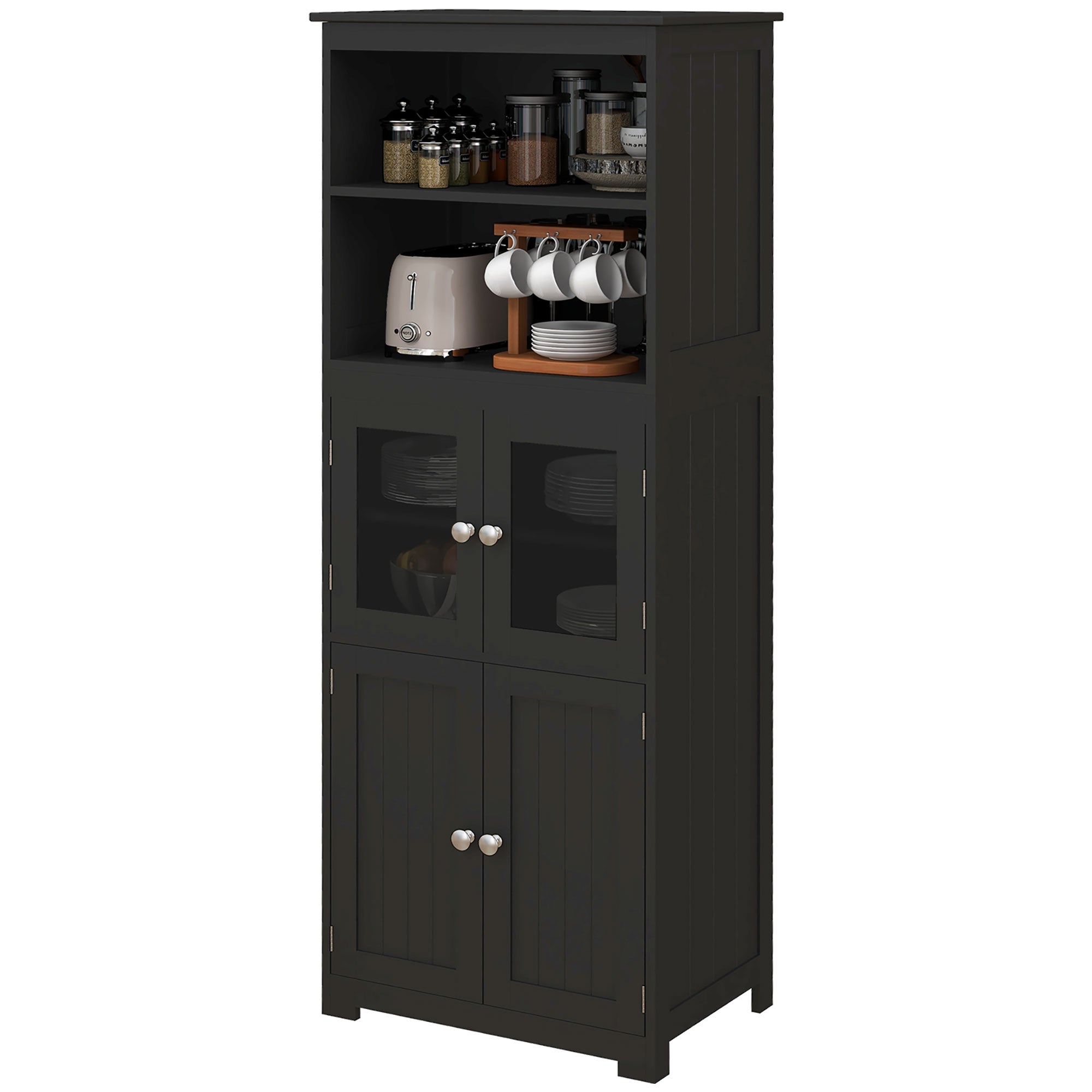 Kitchen Pantry Sideboard Dining Room Cabinet with 4 Doors 2 Open Shelves and Adjustable Shelf for Living Room 60x30x162 cm Black