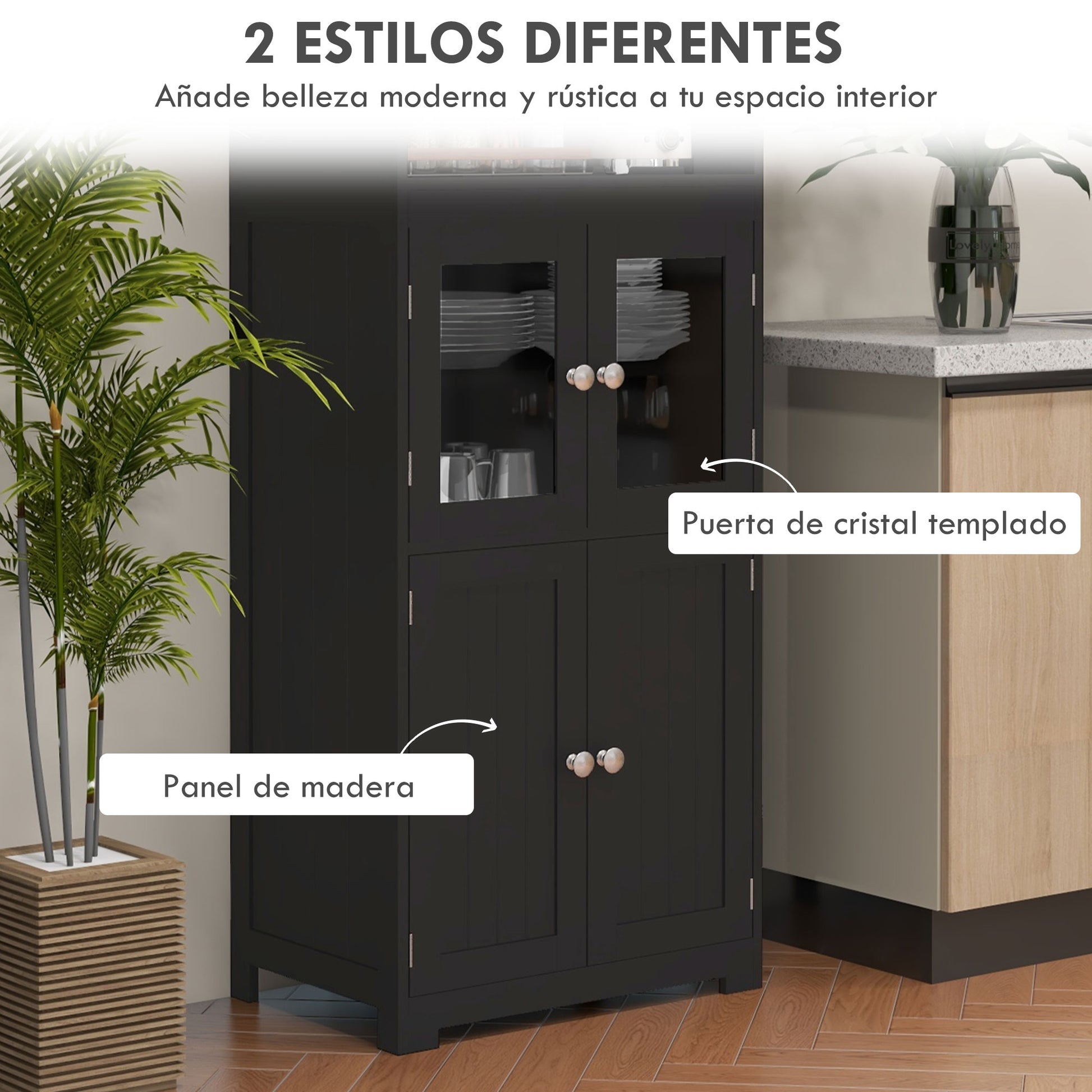 Kitchen Pantry Sideboard Dining Room Cabinet with 4 Doors 2 Open Shelves and Adjustable Shelf for Living Room 60x30x162 cm Black