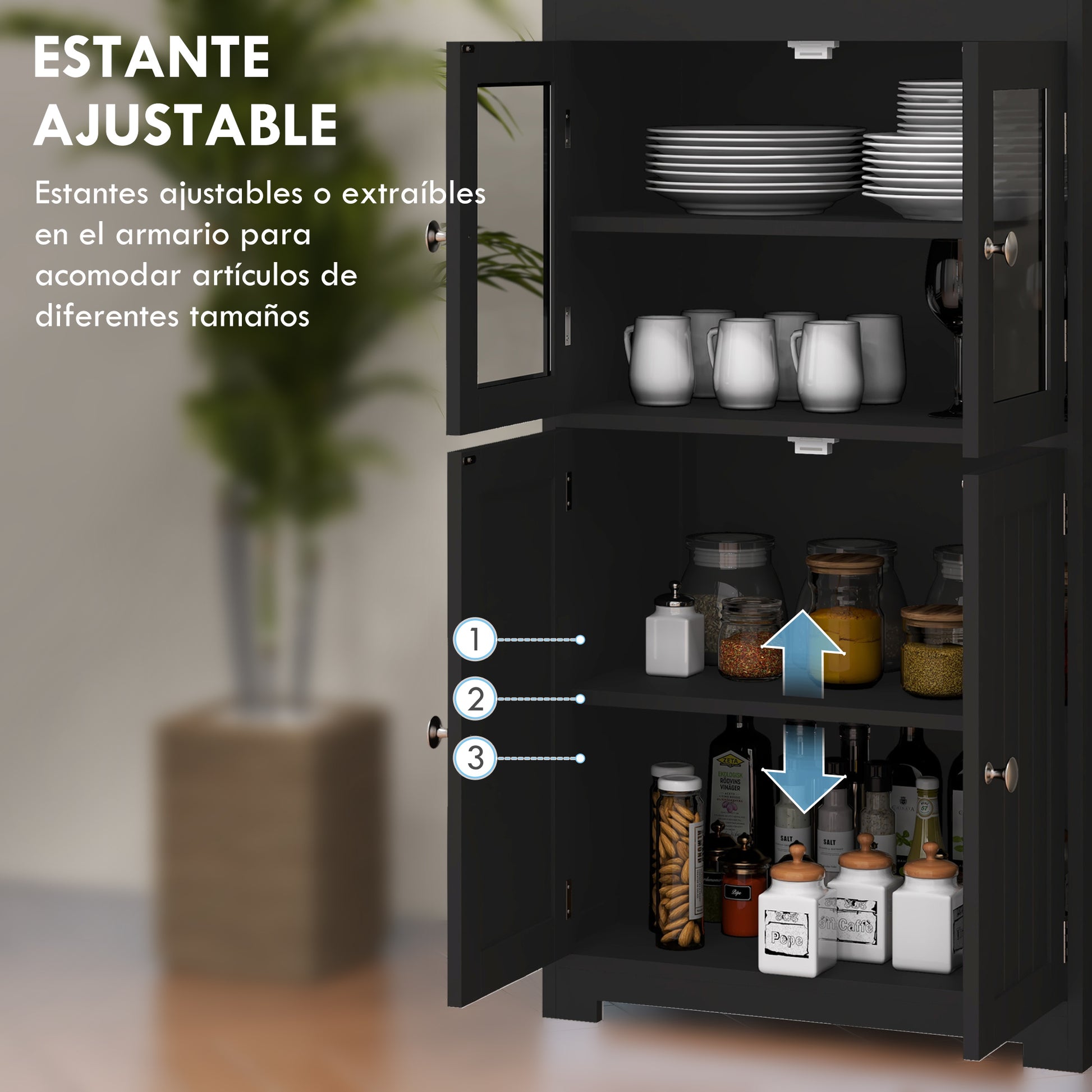Kitchen Pantry Sideboard Dining Room Cabinet with 4 Doors 2 Open Shelves and Adjustable Shelf for Living Room 60x30x162 cm Black