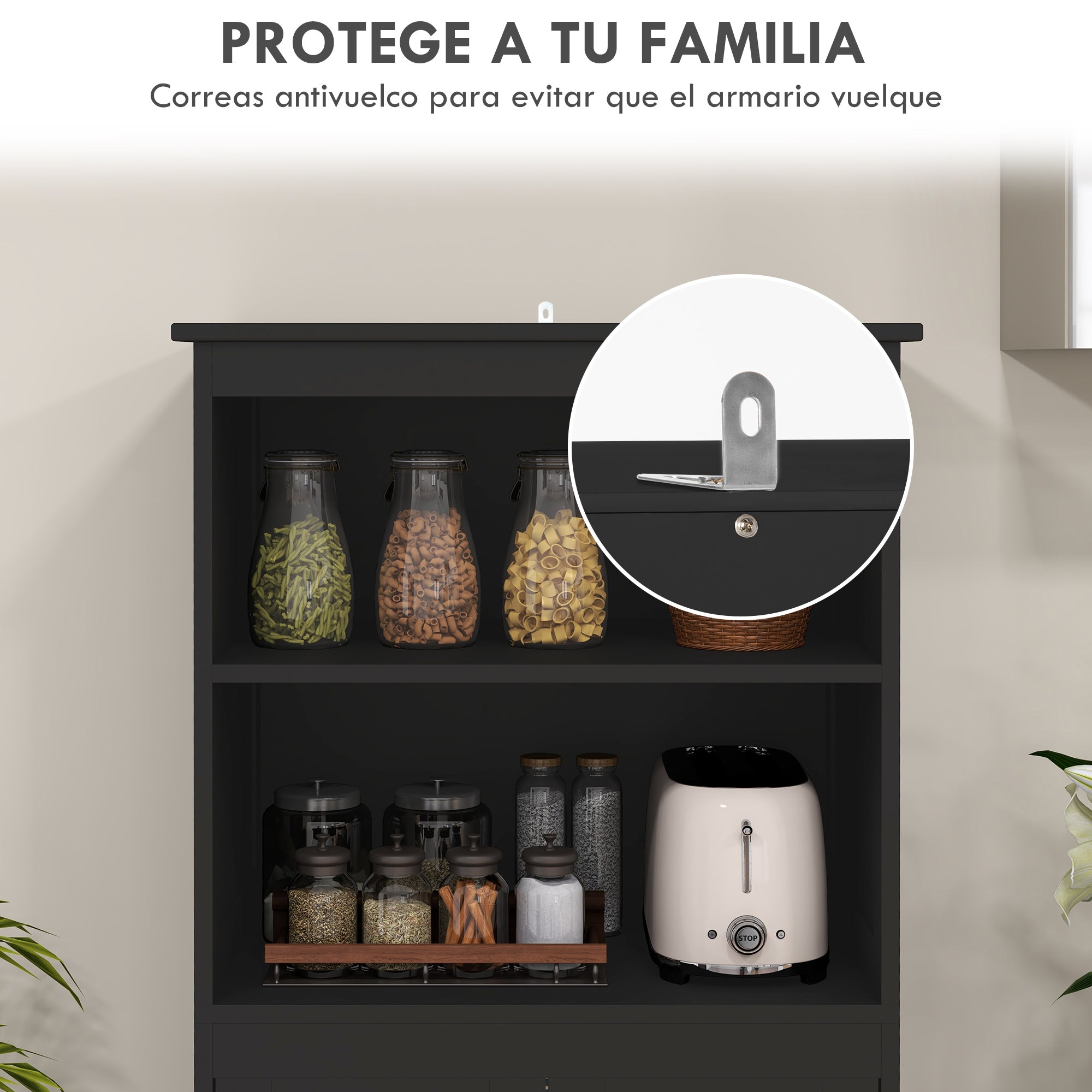 Kitchen Pantry Sideboard Dining Room Cabinet with 4 Doors 2 Open Shelves and Adjustable Shelf for Living Room 60x30x162 cm Black