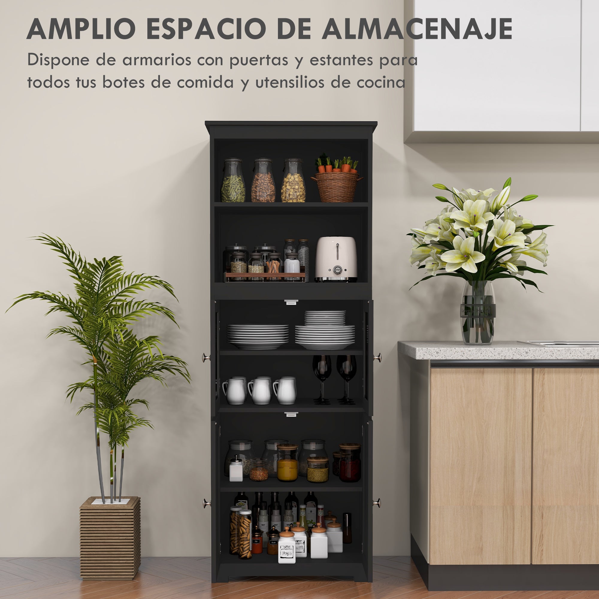 Kitchen Pantry Sideboard Dining Room Cabinet with 4 Doors 2 Open Shelves and Adjustable Shelf for Living Room 60x30x162 cm Black