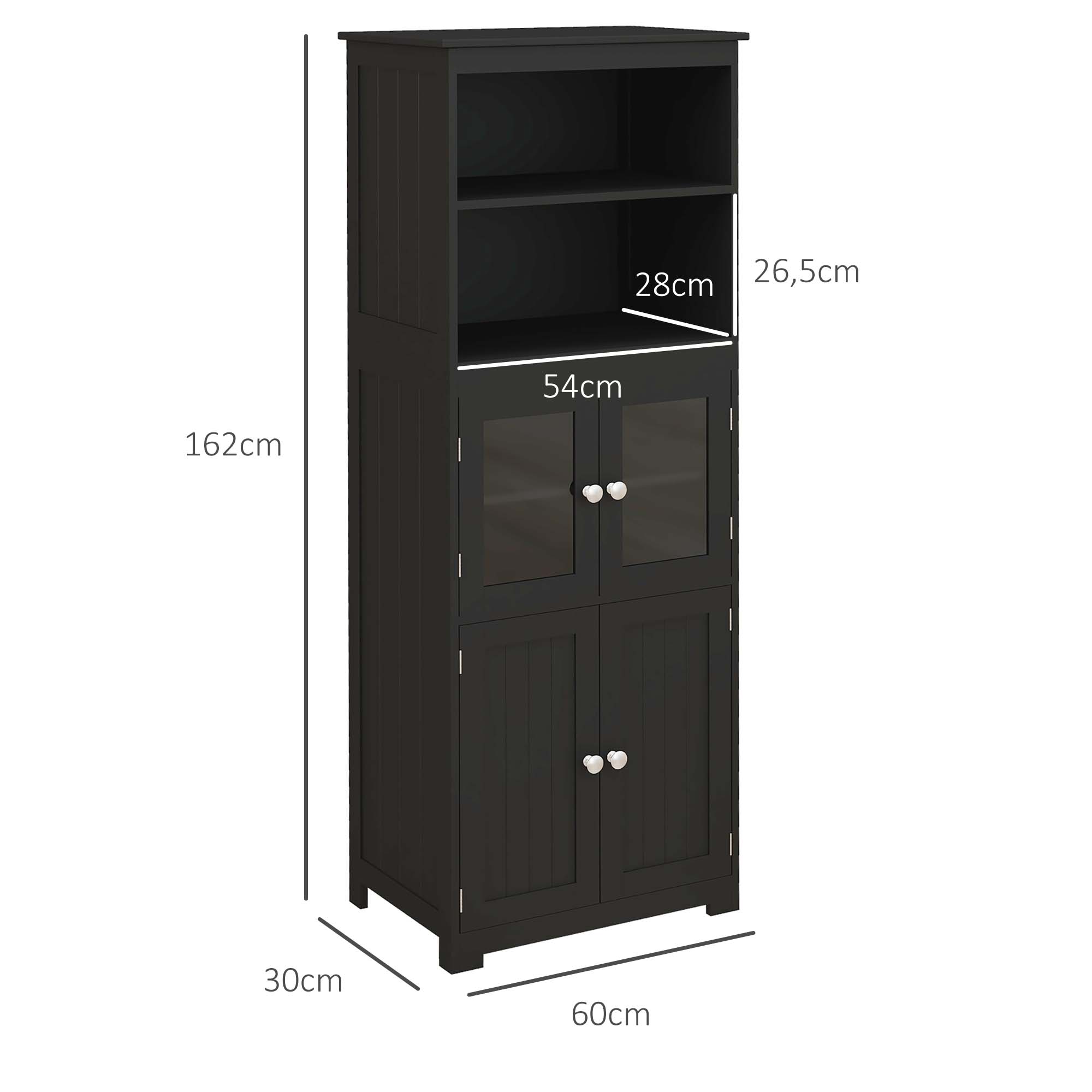Kitchen Pantry Sideboard Dining Room Cabinet with 4 Doors 2 Open Shelves and Adjustable Shelf for Living Room 60x30x162 cm Black