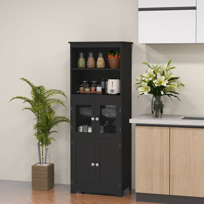 Kitchen Pantry Sideboard Dining Room Cabinet with 4 Doors 2 Open Shelves and Adjustable Shelf for Living Room 60x30x162 cm Black