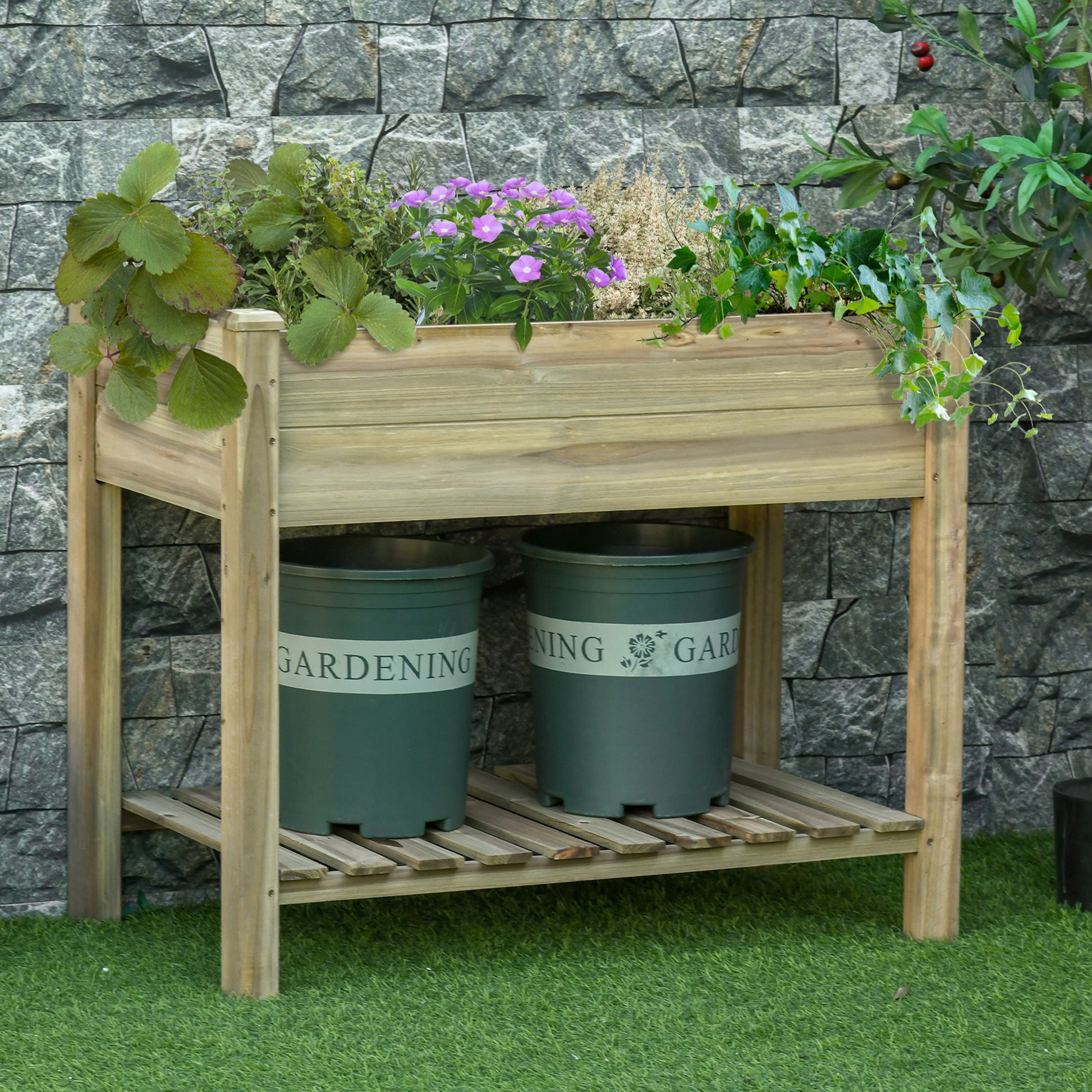 Raised Garden Bed with Shelf, Raised Herb Bed with Drainage Holes, Wooden Planter Box, Weather-Resistant Vegetable Bed, Garden Bed, Planting Bed for Garden, Balcony, Terrace, 91 x 51 x 76 cm, Green