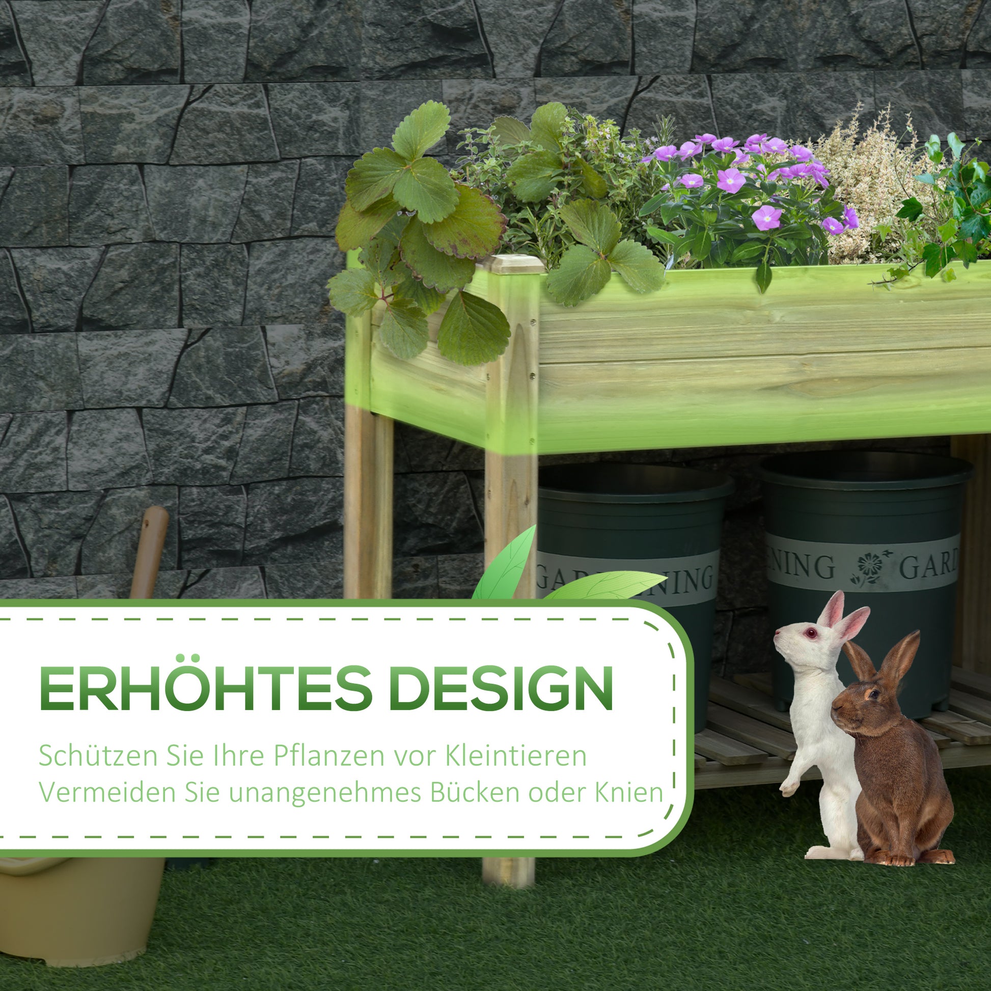Raised Garden Bed with Shelf, Raised Herb Bed with Drainage Holes, Wooden Planter Box, Weather-Resistant Vegetable Bed, Garden Bed, Planting Bed for Garden, Balcony, Terrace, 91 x 51 x 76 cm, Green