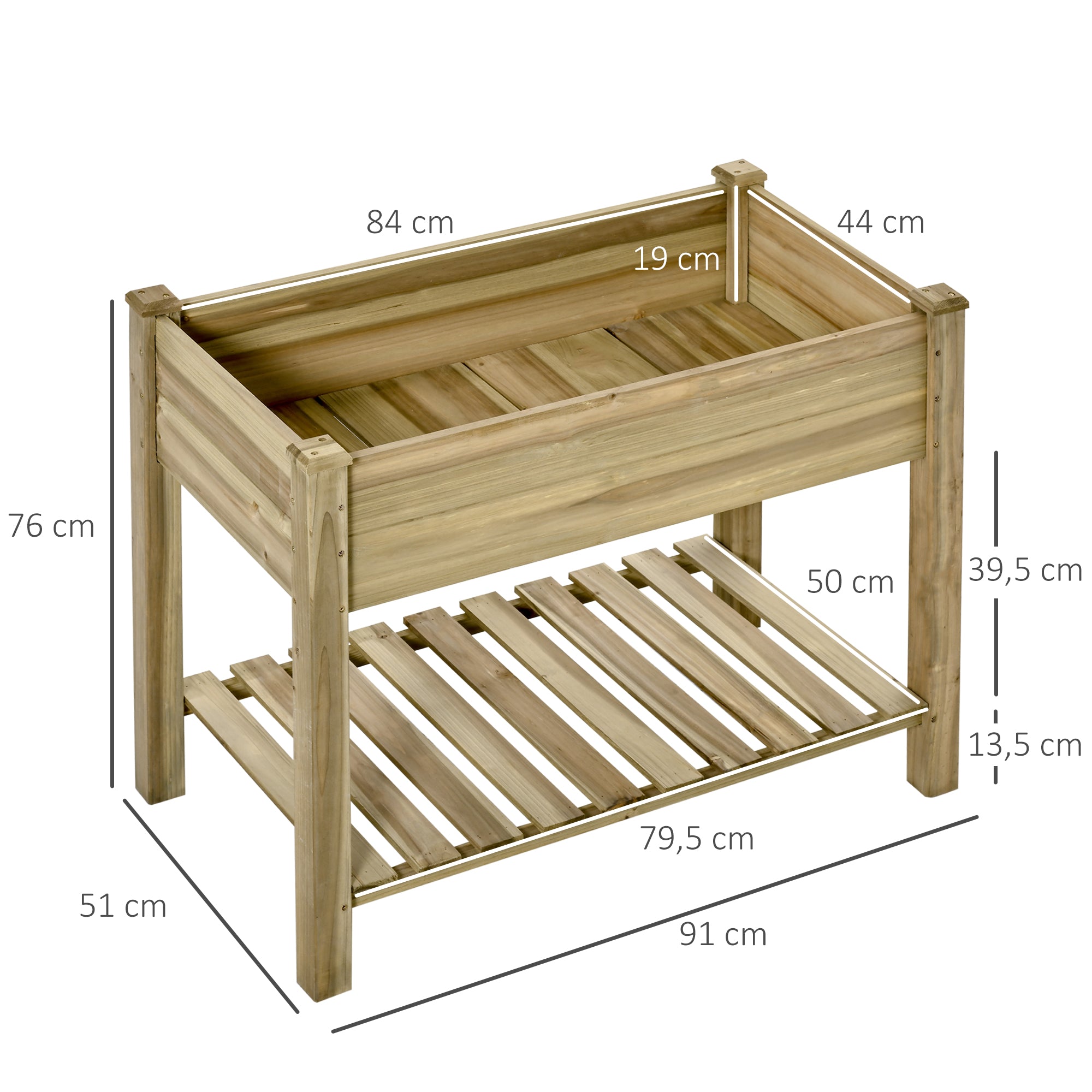 Raised Garden Bed with Shelf, Raised Herb Bed with Drainage Holes, Wooden Planter Box, Weather-Resistant Vegetable Bed, Garden Bed, Planting Bed for Garden, Balcony, Terrace, 91 x 51 x 76 cm, Green