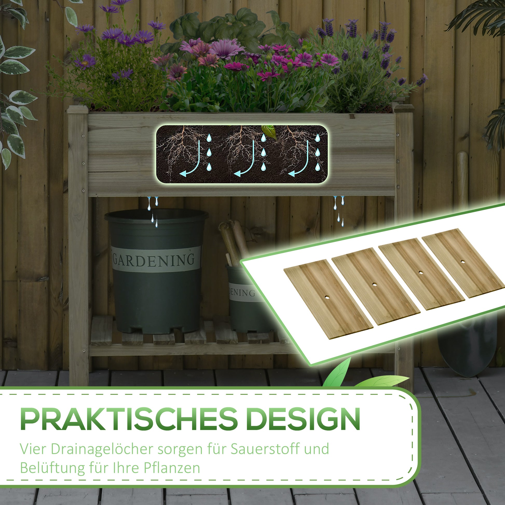 Raised Garden Bed with Shelf, Raised Herb Bed with Drainage Holes, Wooden Planter Box, Weather-Resistant Vegetable Bed, Garden Bed, Planting Bed for Garden, Balcony, Terrace, 91 x 51 x 76 cm, Green