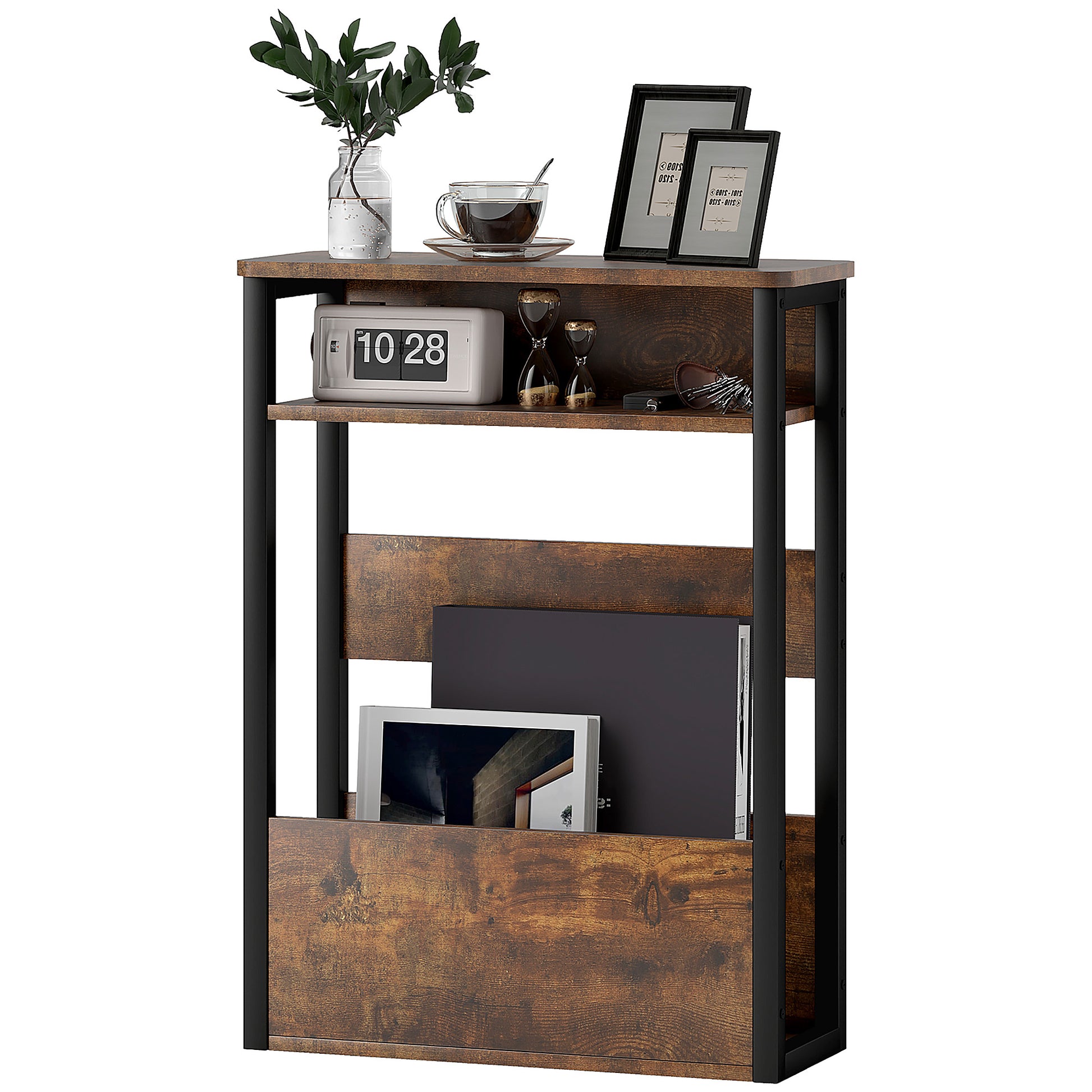 Side Table, Bedside Table, End Table, with Two-Tier Shelf, Rounded Corners, Adjustable Feet, for Bedroom, Living Room, 46 x 18 x 58.5 cm, Rustic Brown