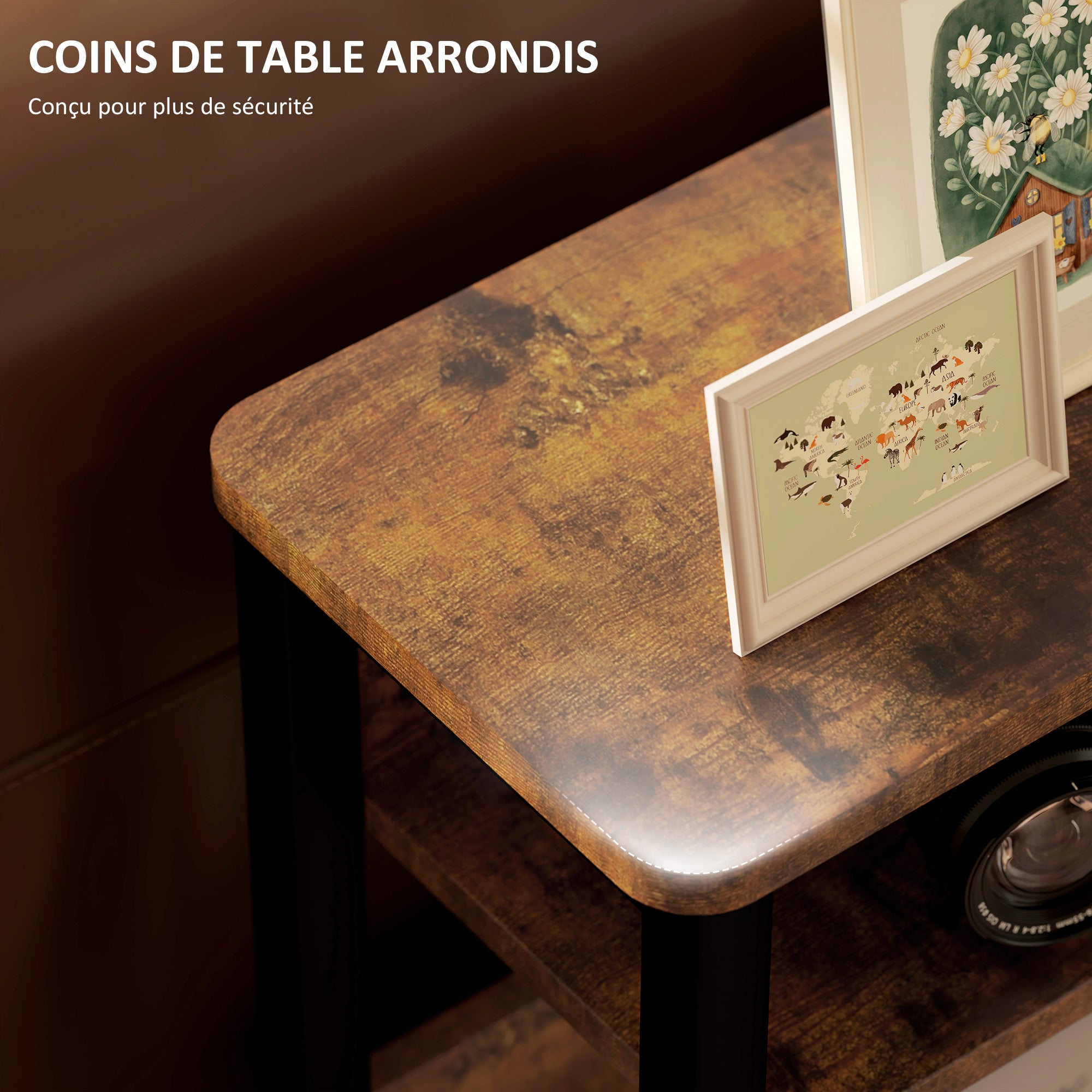 Side Table, Bedside Table, End Table, with Two-Tier Shelf, Rounded Corners, Adjustable Feet, for Bedroom, Living Room, 46 x 18 x 58.5 cm, Rustic Brown
