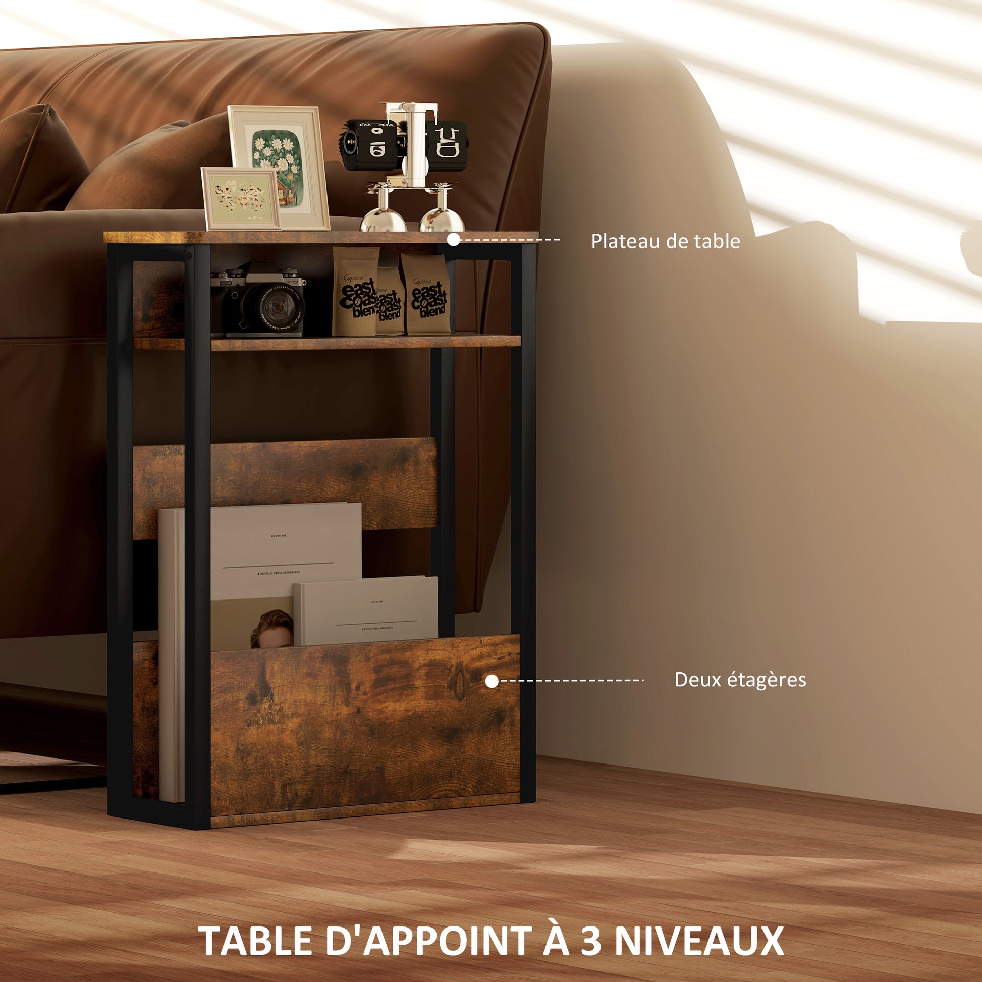 Side Table, Bedside Table, End Table, with Two-Tier Shelf, Rounded Corners, Adjustable Feet, for Bedroom, Living Room, 46 x 18 x 58.5 cm, Rustic Brown