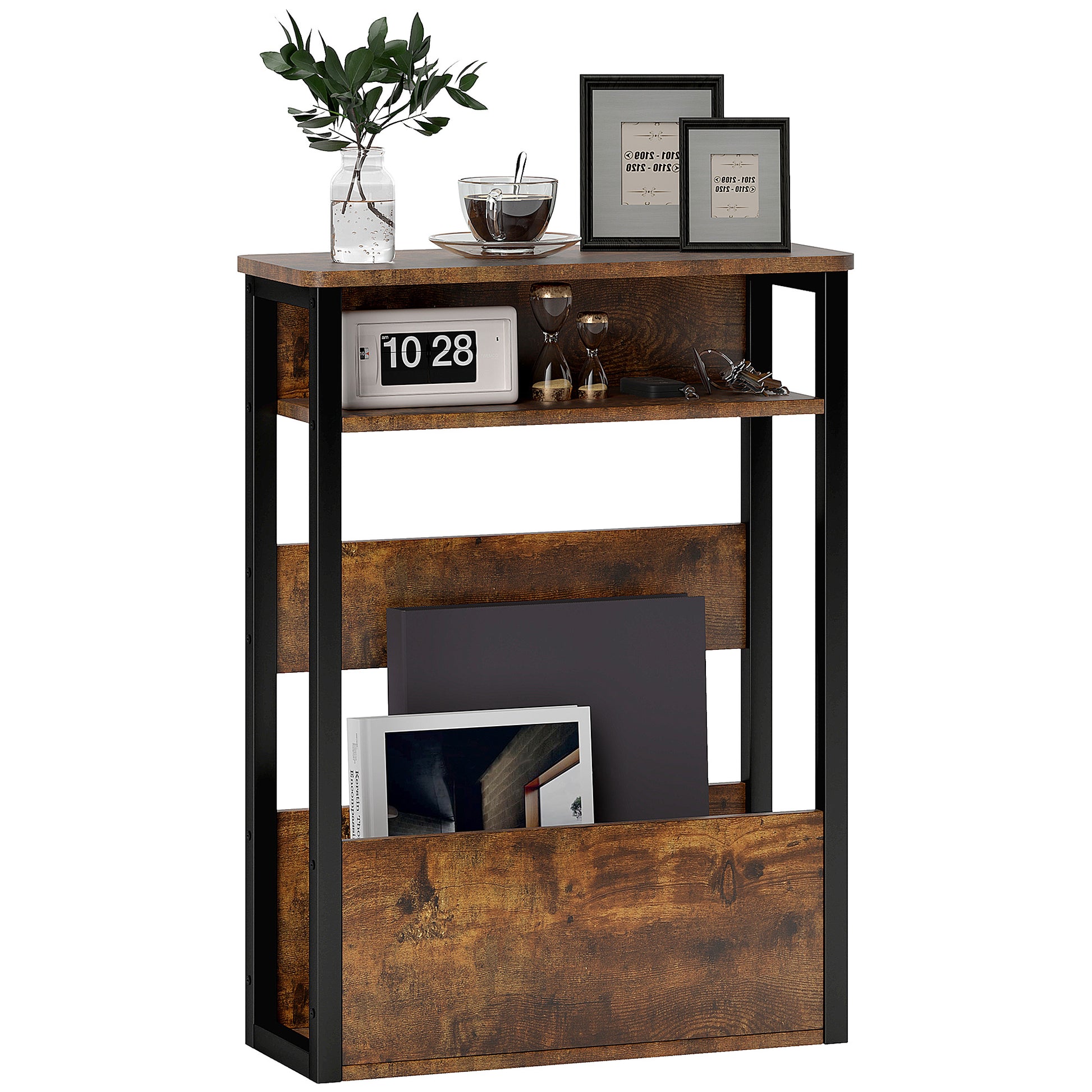 Side Table, Bedside Table, End Table, with Two-Tier Shelf, Rounded Corners, Adjustable Feet, for Bedroom, Living Room, 46 x 18 x 58.5 cm, Rustic Brown