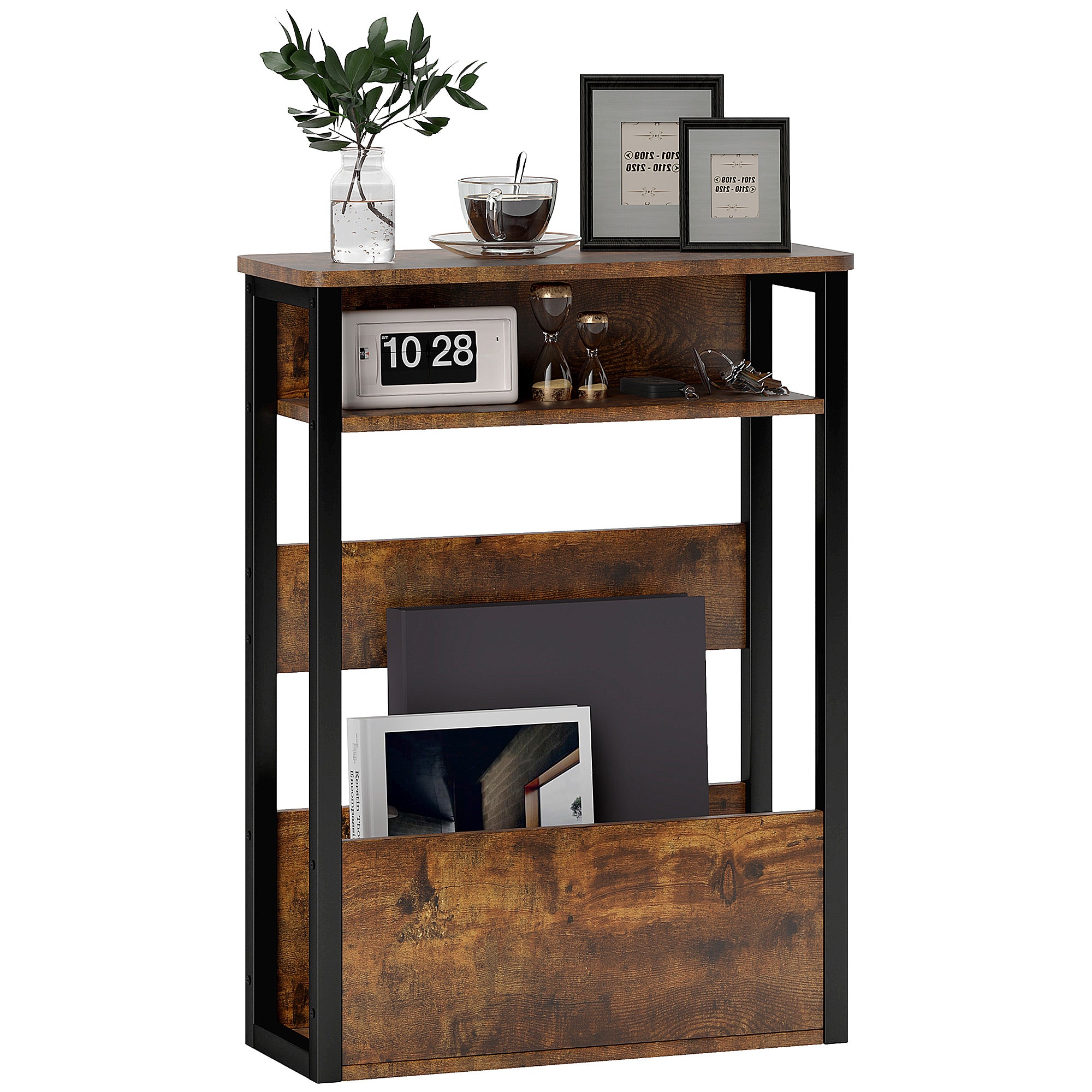 Side Table, Bedside Table, End Table, with Two-Tier Shelf, Rounded Corners, Adjustable Feet, for Bedroom, Living Room, 46 x 18 x 58.5 cm, Rustic Brown