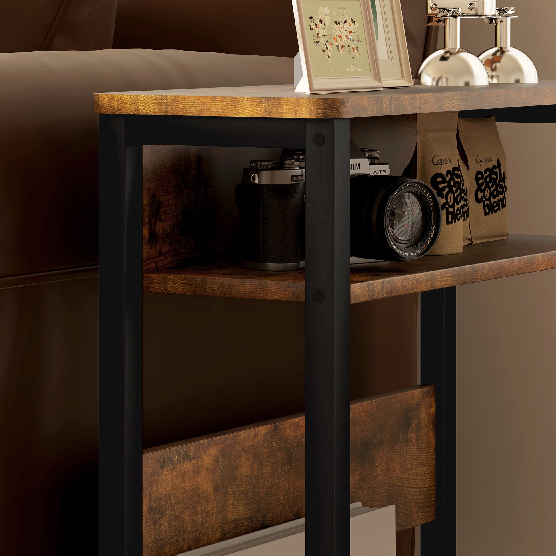 Side Table, Bedside Table, End Table, with Two-Tier Shelf, Rounded Corners, Adjustable Feet, for Bedroom, Living Room, 46 x 18 x 58.5 cm, Rustic Brown