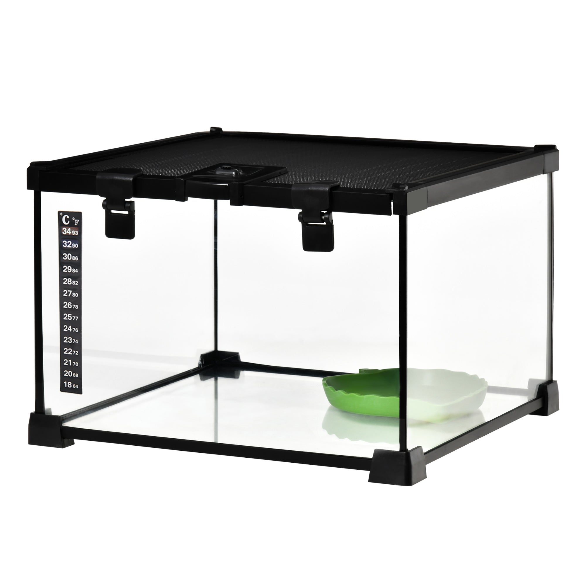 Raised Reptile Terrarium with Lock and Feeding Door, Glass and Wire Mesh Terrarium for Turtles and Snakes, 30x30x20 cm, Black