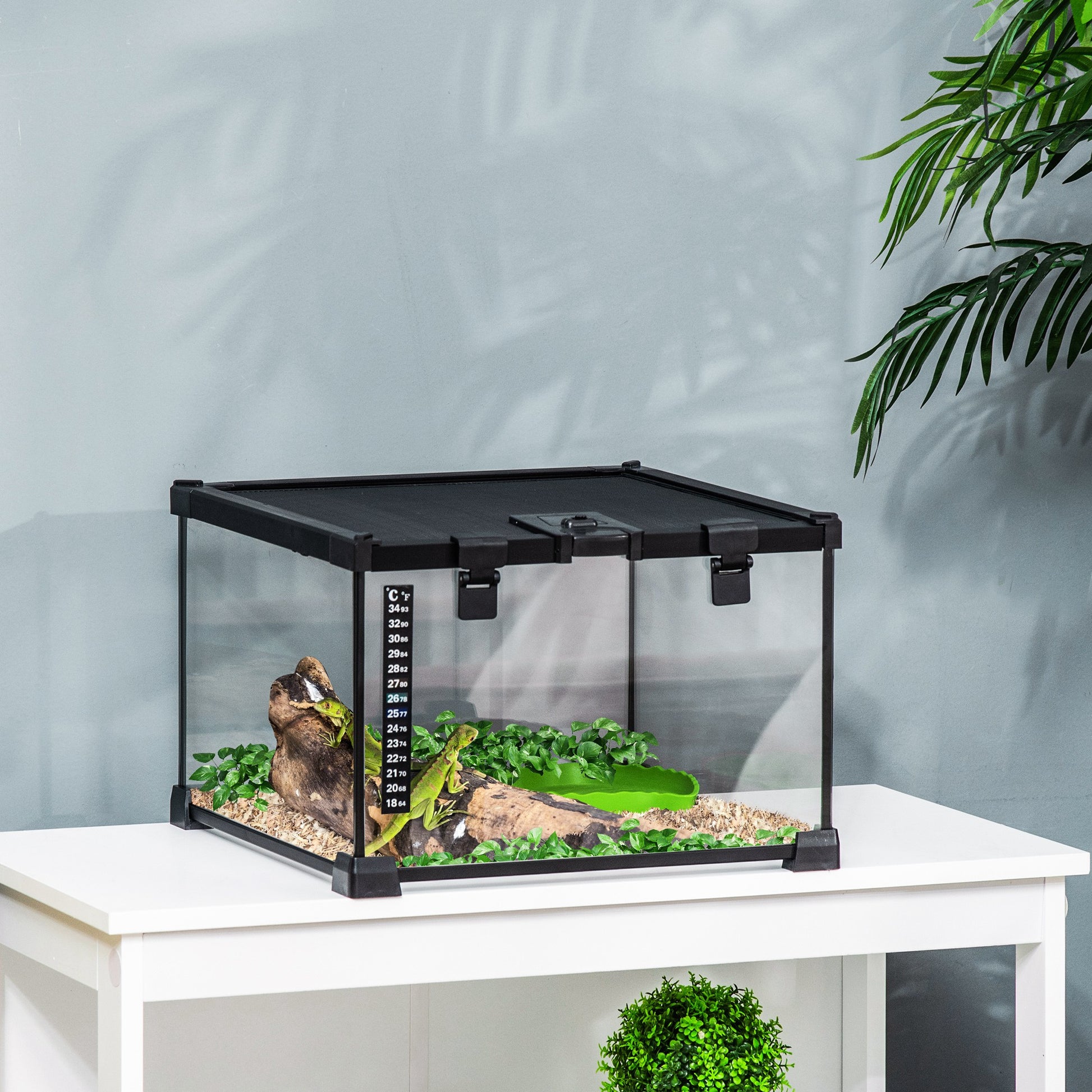 Raised Reptile Terrarium with Lock and Feeding Door, Glass and Wire Mesh Terrarium for Turtles and Snakes, 30x30x20 cm, Black