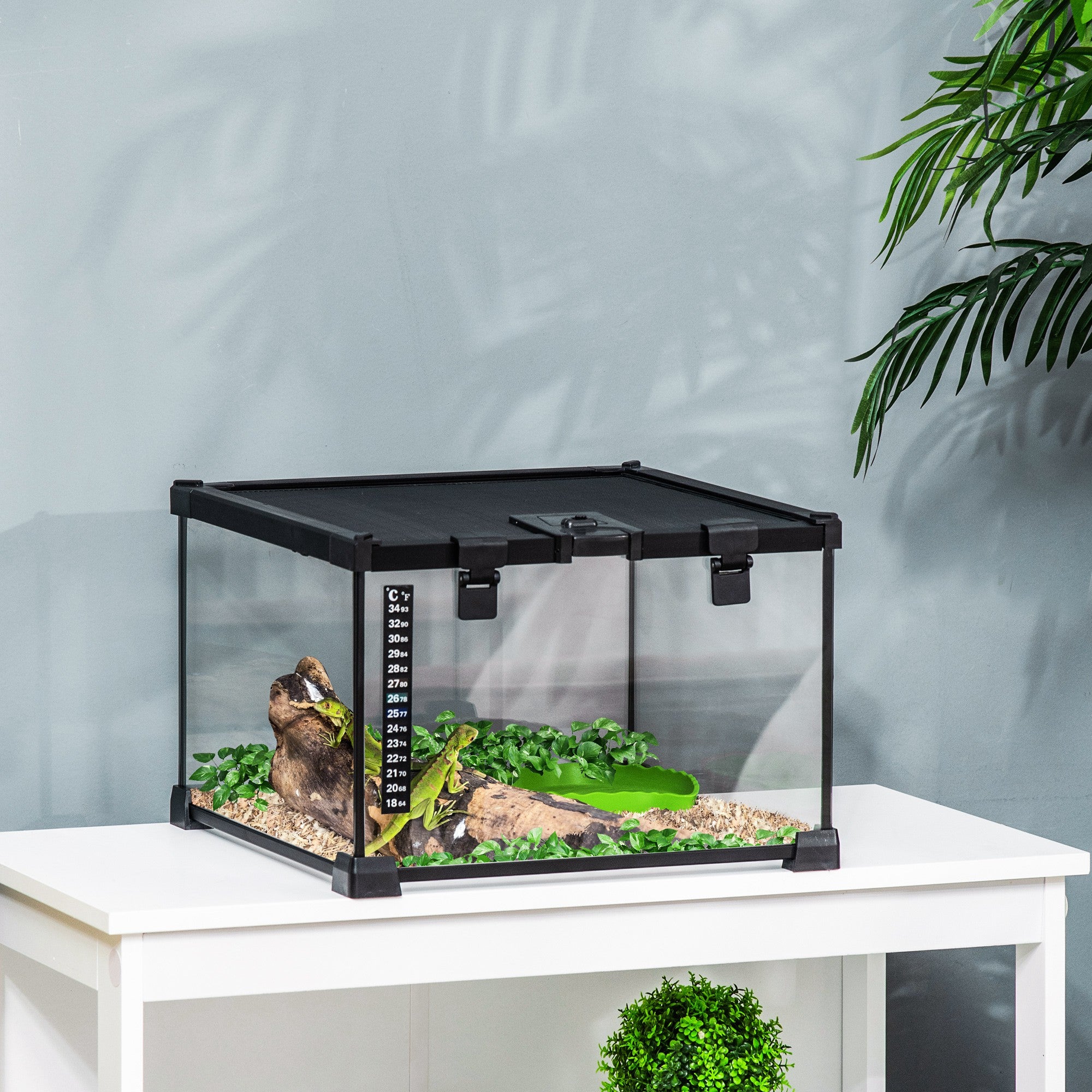 Raised Reptile Terrarium with Lock and Feeding Door, Glass and Wire Mesh Terrarium for Turtles and Snakes, 30x30x20 cm, Black