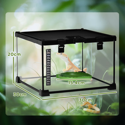 Raised Reptile Terrarium with Lock and Feeding Door, Glass and Wire Mesh Terrarium for Turtles and Snakes, 30x30x20 cm, Black