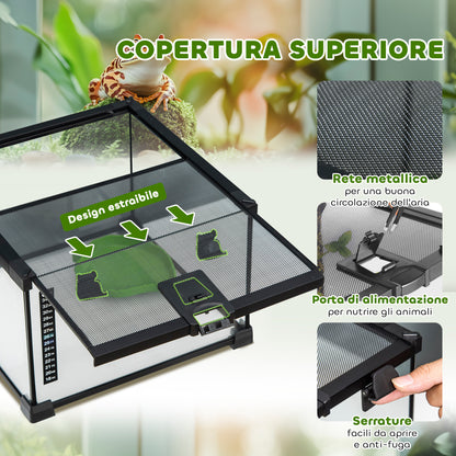 Raised Reptile Terrarium with Lock and Feeding Door, Glass and Wire Mesh Terrarium for Turtles and Snakes, 30x30x20 cm, Black