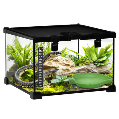 Raised Reptile Terrarium with Lock and Feeding Door, Glass and Wire Mesh Terrarium for Turtles and Snakes, 30x30x20 cm, Black
