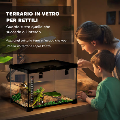 Raised Reptile Terrarium with Lock and Feeding Door, Glass and Wire Mesh Terrarium for Turtles and Snakes, 30x30x20 cm, Black