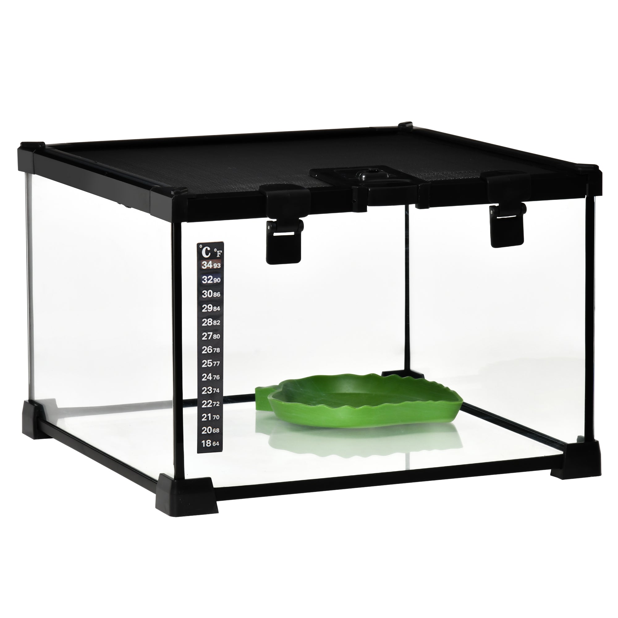 Raised Reptile Terrarium with Lock and Feeding Door, Glass and Wire Mesh Terrarium for Turtles and Snakes, 30x30x20 cm, Black