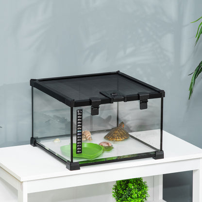 Raised Reptile Terrarium with Lock and Feeding Door, Glass and Wire Mesh Terrarium for Turtles and Snakes, 30x30x20 cm, Black