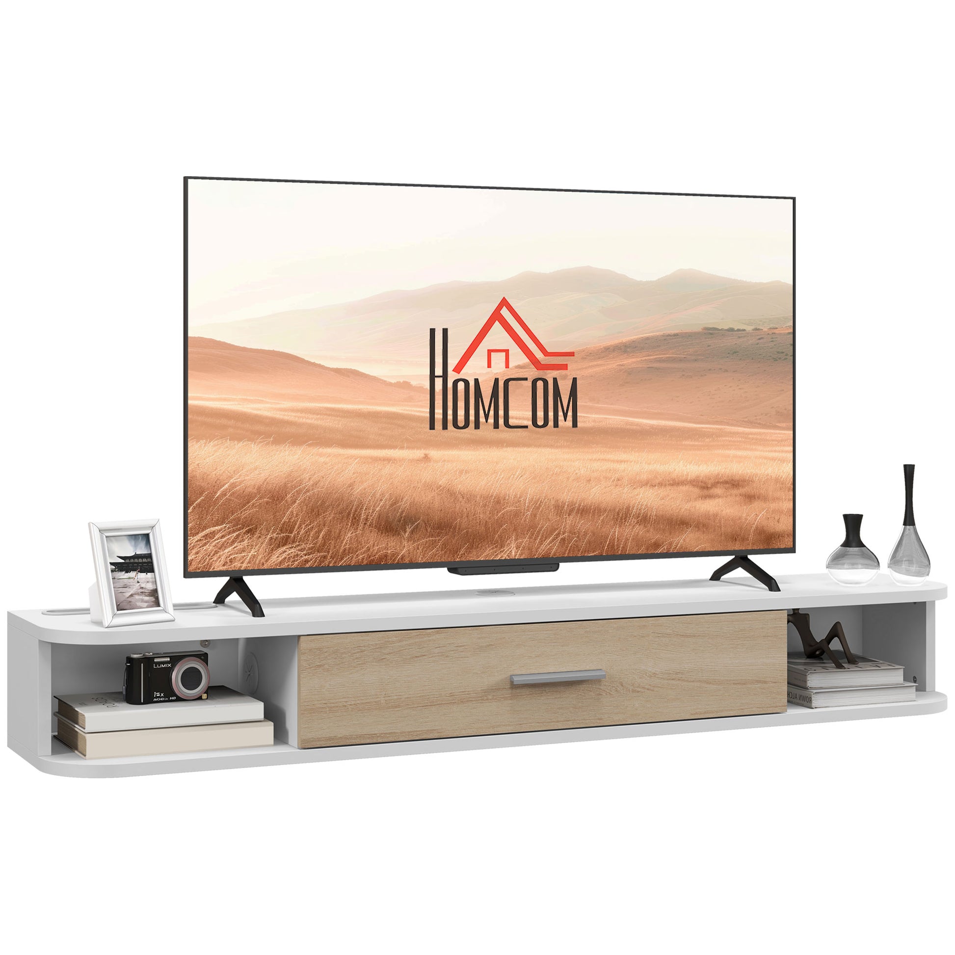 Wall-mounted TV stand TV cabinet for TVs up to 50 inches with 2 open compartments and flip-down door cupboard 120L x 26W x 16H cm White