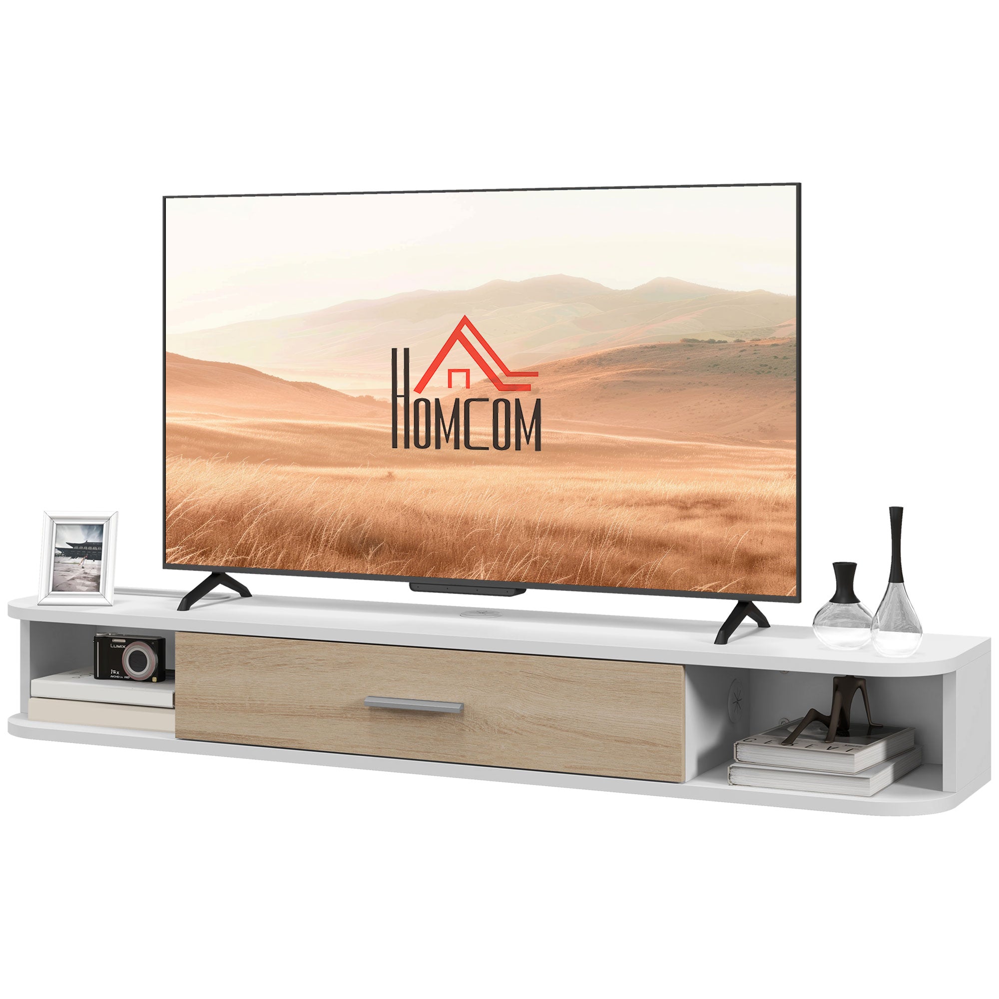 Wall-mounted TV stand TV cabinet for TVs up to 50 inches with 2 open compartments and flip-down door cupboard 120L x 26W x 16H cm White