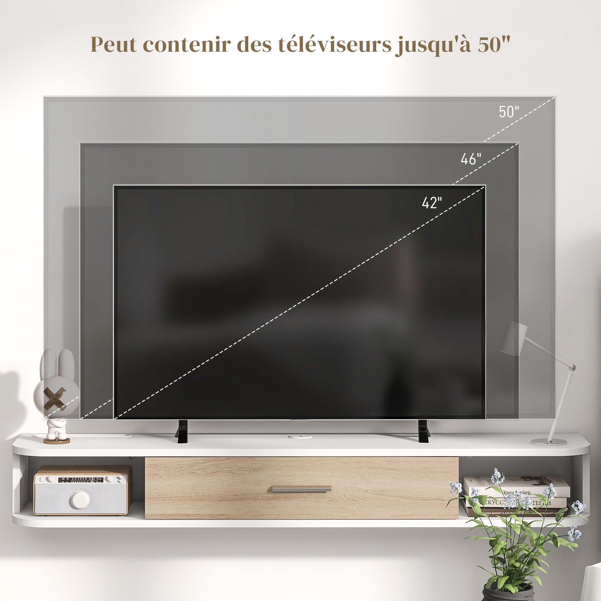 Wall-mounted TV stand TV cabinet for TVs up to 50 inches with 2 open compartments and flip-down door cupboard 120L x 26W x 16H cm White