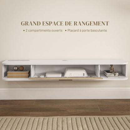 Wall-mounted TV stand TV cabinet for TVs up to 50 inches with 2 open compartments and flip-down door cupboard 120L x 26W x 16H cm White