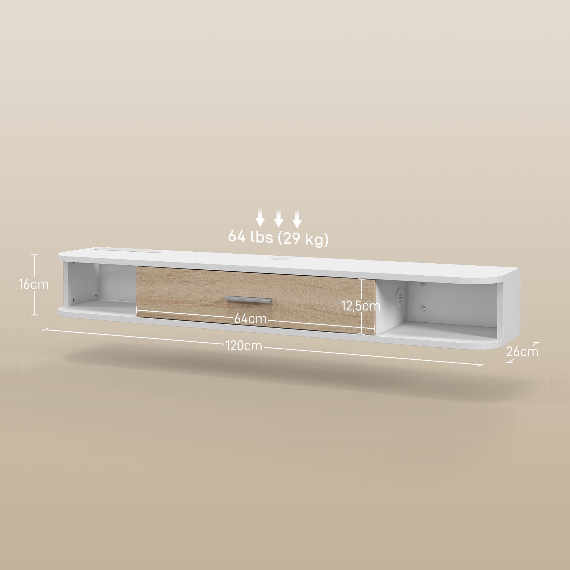 Wall-mounted TV stand TV cabinet for TVs up to 50 inches with 2 open compartments and flip-down door cupboard 120L x 26W x 16H cm White